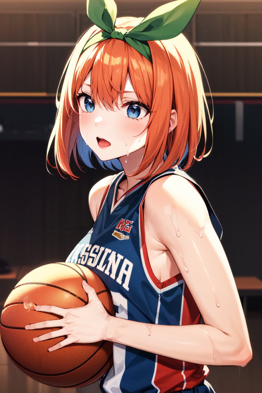 masterpiece, best quality, highres, aayotsuba, short hair, hair ribbon, green ribbon, hairband, <lora:nakano_yotsuba_v1:0.7>, basketball uniform, basketball, sweat