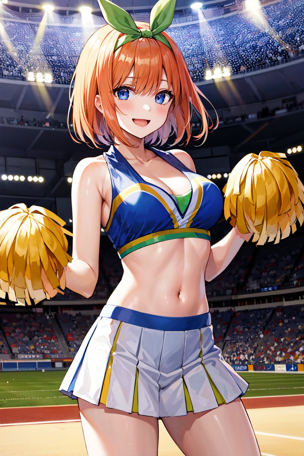 masterpiece, best quality, highres, aayotsuba, short hair, hair ribbon, green ribbon, hairband, <lora:nakano_yotsuba_v1:0.7>, cleavage, cheerleader, pom pom \(cheerleading\), smile, standing, stadium, midriff, skirt