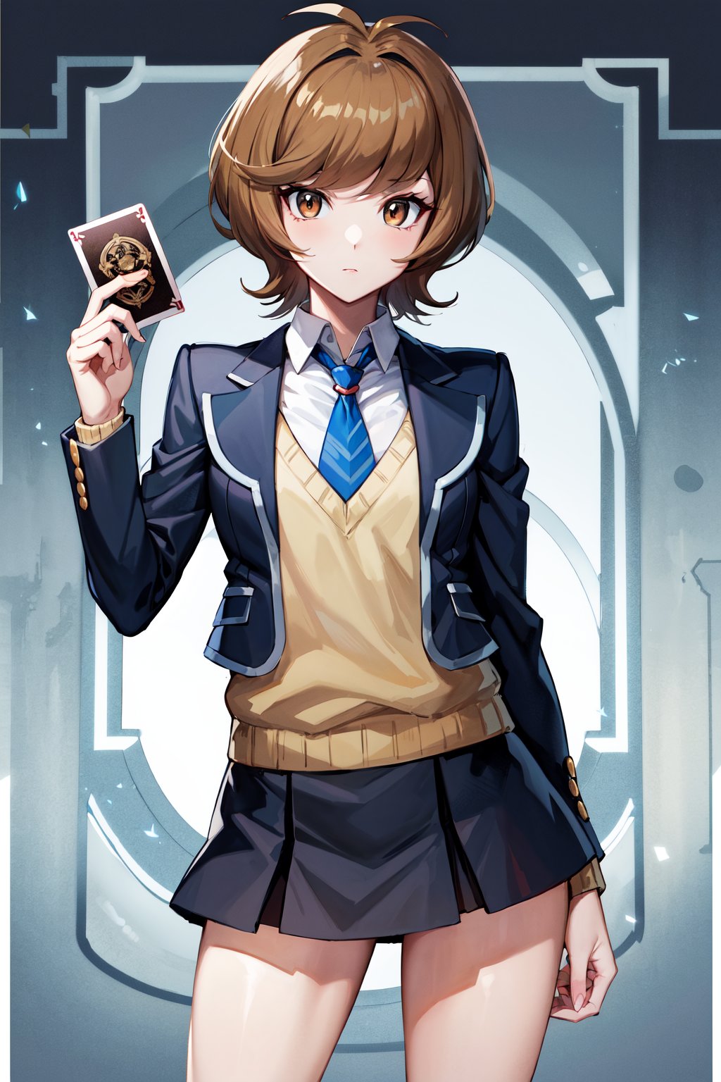 masterpiece, best quality, highres, hmza, short hair, antenna hair, brown eyes, school uniform, blue necktie, black jacket, open jacket, long sleeves, black skirt, <lora:zaizen_aoi_v1:0.7>, yu-gi-oh!, standing, holding card, cowboy shot