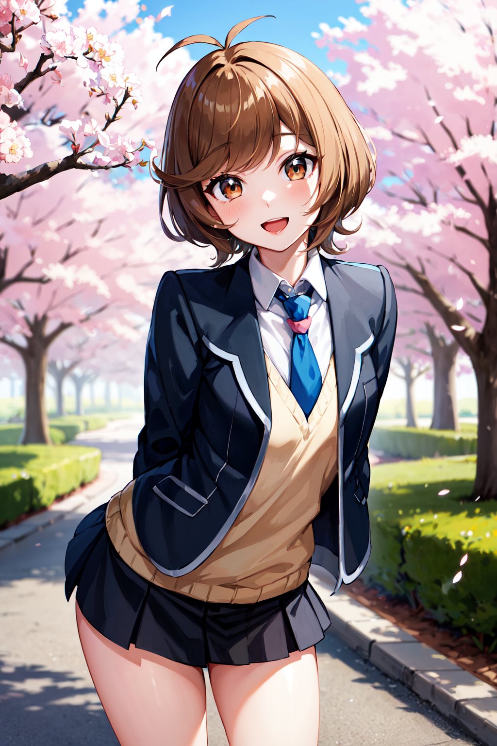 masterpiece, best quality, highres, hmza, short hair, antenna hair, brown eyes, school uniform, blue necktie, black jacket, open jacket, long sleeves, black skirt, <lora:zaizen_aoi_v1:0.7>, arms behind back, leaning forward, smile, open mouth, standing, cherry blossoms, outdoors