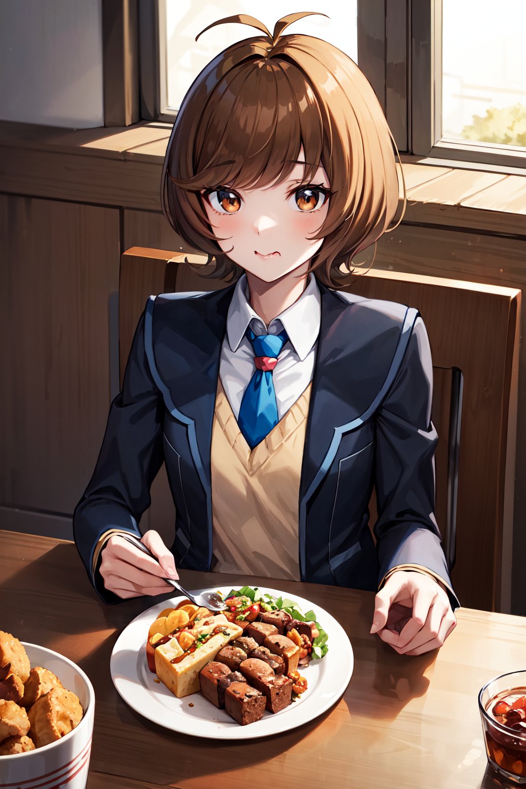 masterpiece, best quality, highres, hmza, short hair, antenna hair, brown eyes, school uniform, blue necktie, black jacket, open jacket, long sleeves, black skirt, <lora:zaizen_aoi_v1:0.7>, indoors, table, food, eating, sitting