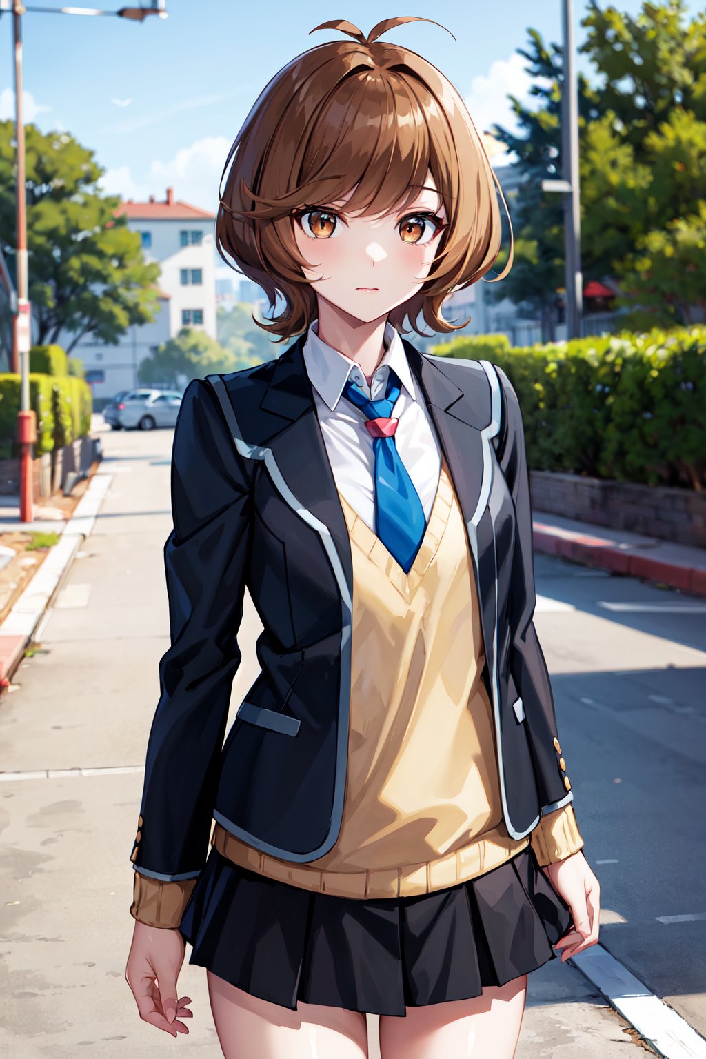 masterpiece, best quality, highres, hmza, short hair, antenna hair, brown eyes, school uniform, blue necktie, black jacket, open jacket, long sleeves, black skirt, <lora:zaizen_aoi_v1:0.7>, standing, cowboy shot, outdoors,