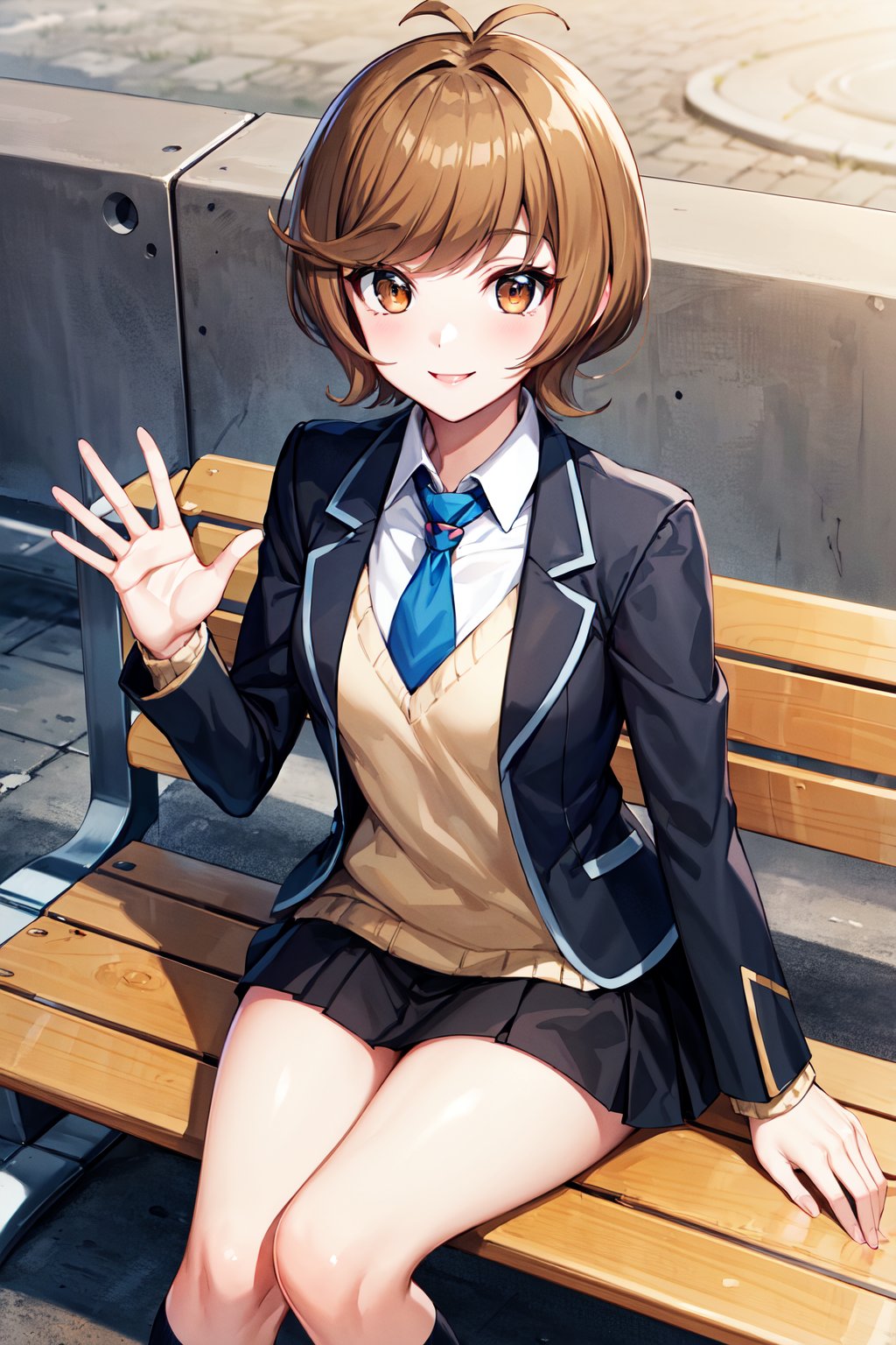 masterpiece, best quality, highres, hmza, short hair, antenna hair, brown eyes, school uniform, blue necktie, black jacket, open jacket, long sleeves, black skirt, <lora:zaizen_aoi_v1:0.7>, sitting, waving, smile, bench