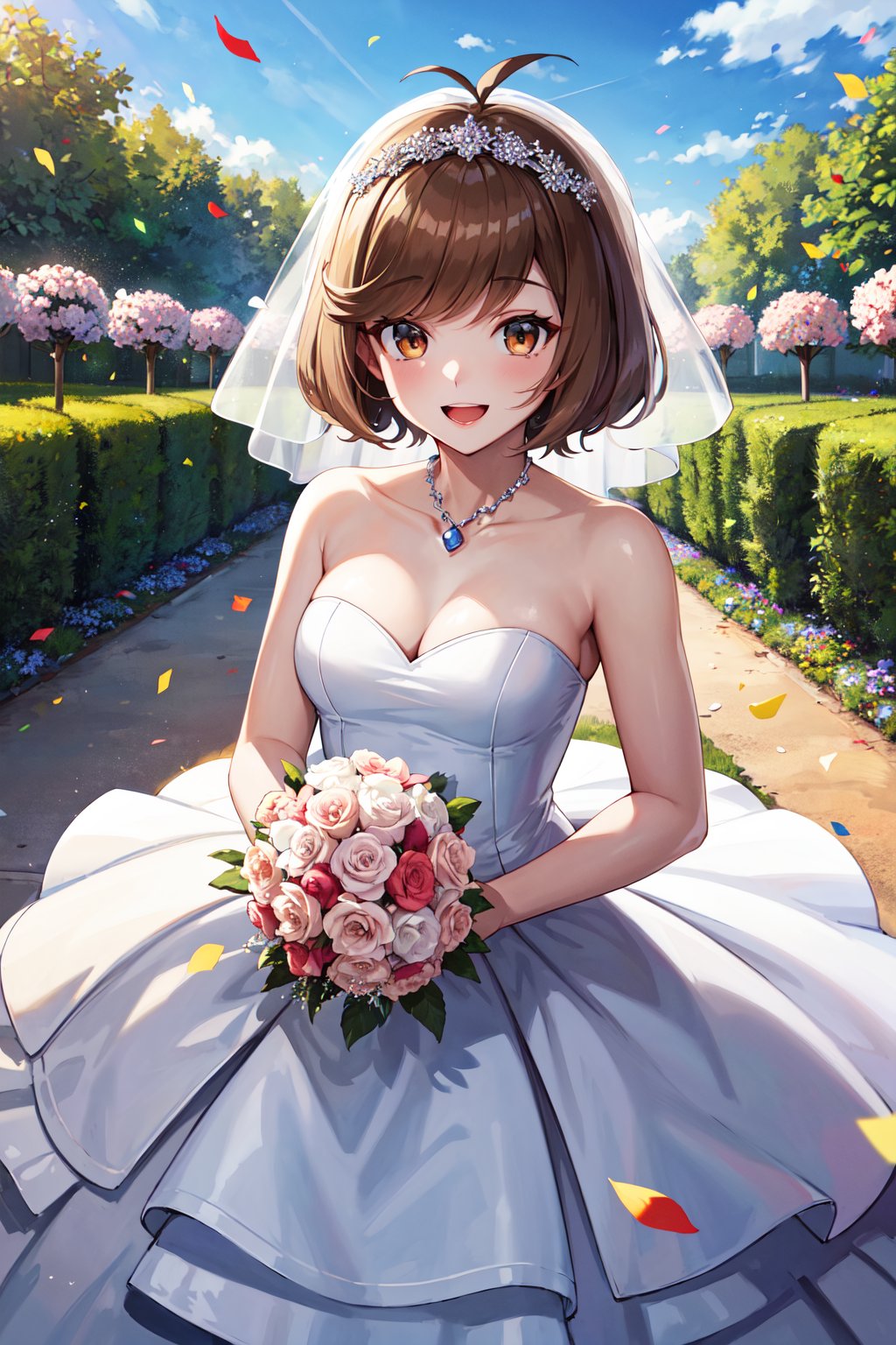 masterpiece, best quality, highres, hmza, short hair, antenna hair, brown eyes, <lora:zaizen_aoi_v1:0.7>, wedding dress, smile, open mouth, garden, holding bouquet, confetti, 