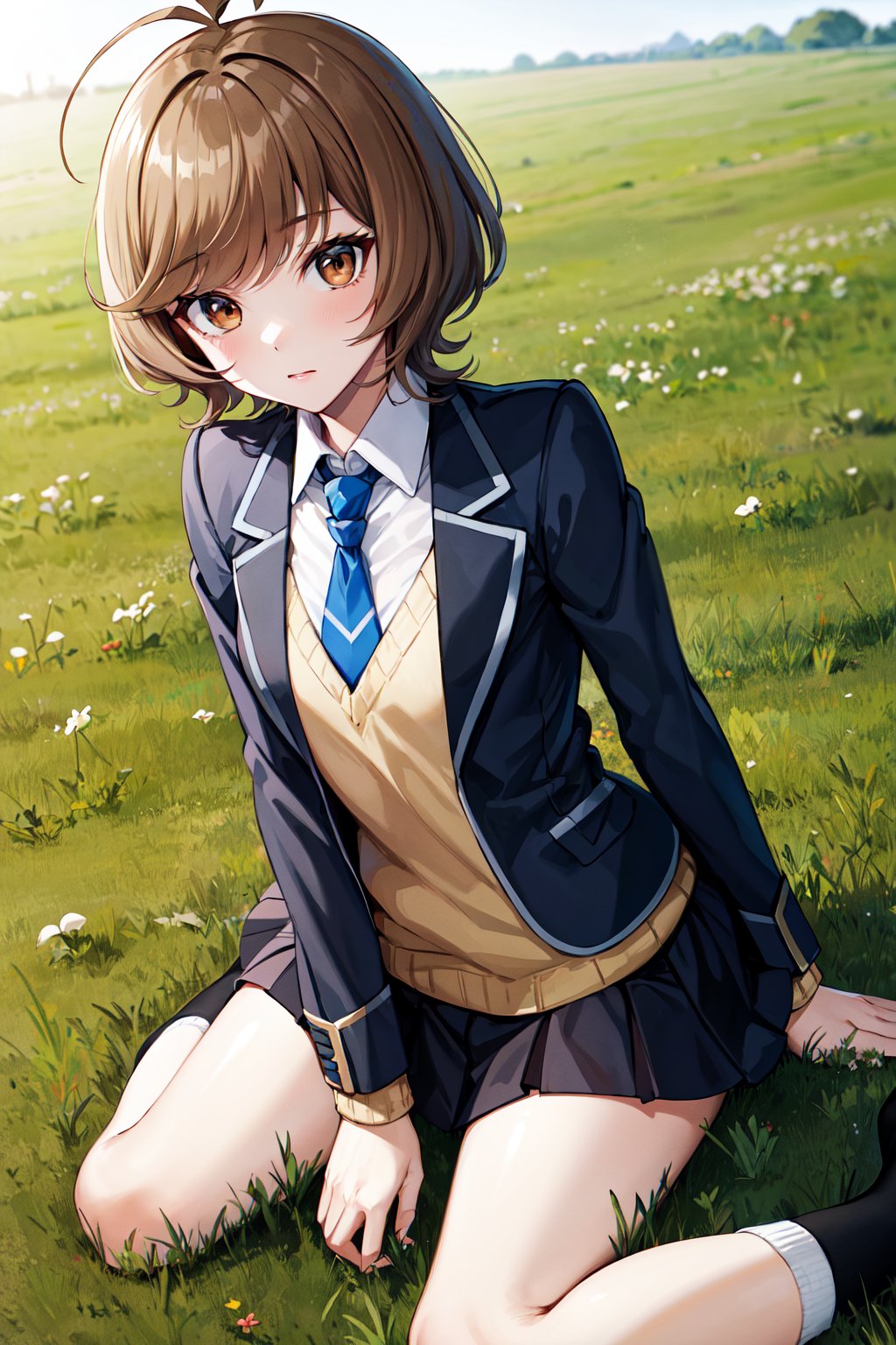 masterpiece, best quality, highres, hmza, short hair, antenna hair, brown eyes, school uniform, blue necktie, black jacket, open jacket, long sleeves, black skirt, <lora:zaizen_aoi_v1:0.7>, grass, field, wariza, socks,