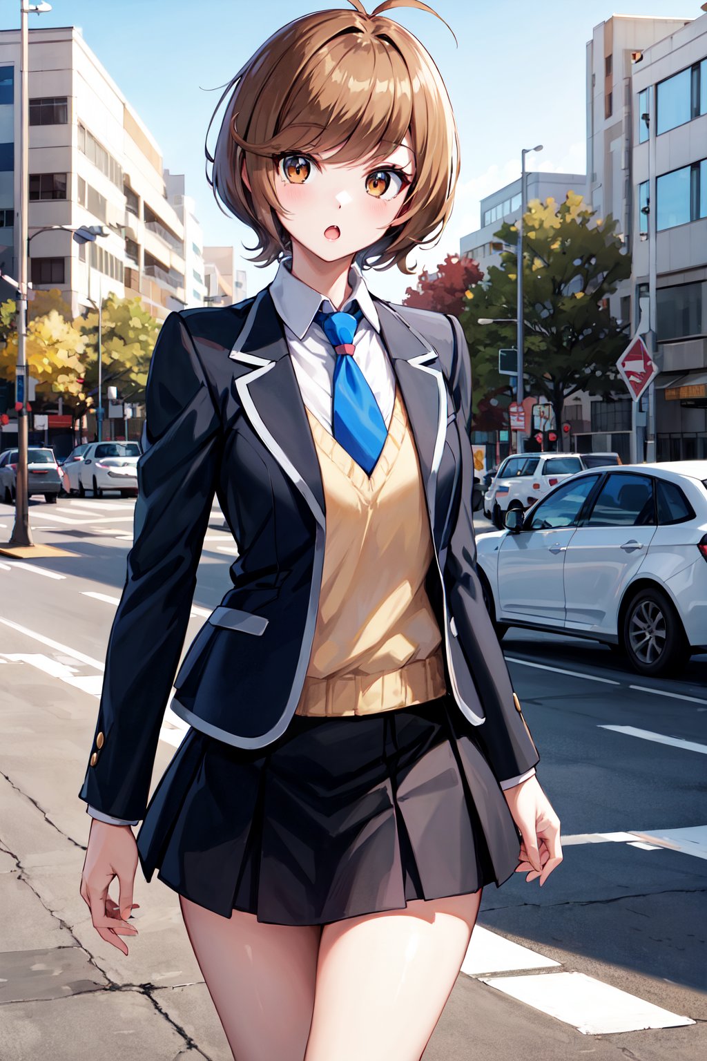 masterpiece, best quality, highres, hmza, short hair, antenna hair, brown eyes, school uniform, blue necktie, black jacket, open jacket, long sleeves, black skirt, <lora:zaizen_aoi_v1:0.7>, street, walking, cowboy shot, :o,