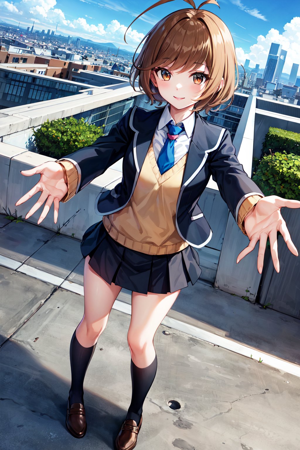 masterpiece, best quality, highres, hmza, short hair, antenna hair, brown eyes, school uniform, blue necktie, black jacket, open jacket, long sleeves, black skirt, <lora:zaizen_aoi_v1:0.7>, rooftop, standing, smile, outstretched arms, city, blue sky, 