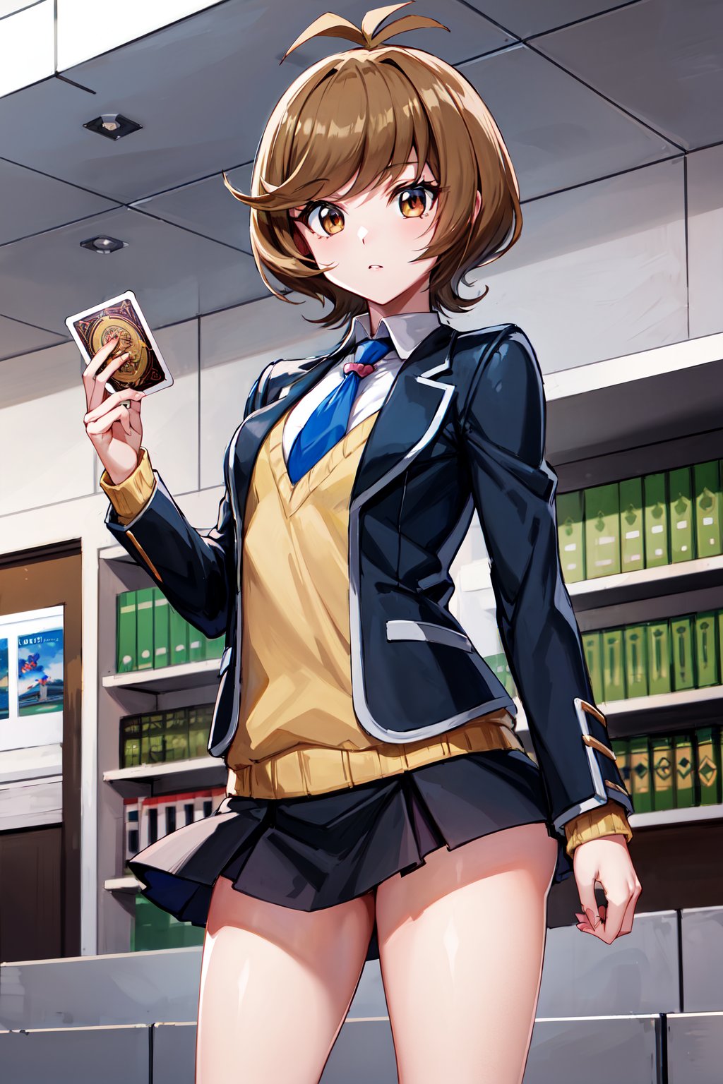 masterpiece, best quality, highres, hmza, short hair, antenna hair, brown eyes, school uniform, blue necktie, black jacket, open jacket, long sleeves, black skirt, <lora:zaizen_aoi_v1:0.7>, yu-gi-oh!, standing, holding card, cowboy shot