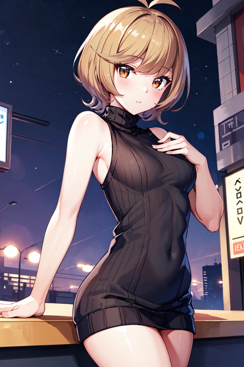 masterpiece, best quality, highres, hmza, short hair, antenna hair, brown eyes, <lora:zaizen_aoi_v1:0.7>, sweater dress, virgin killer sweater, turtleneck, sleeveless, night, street,