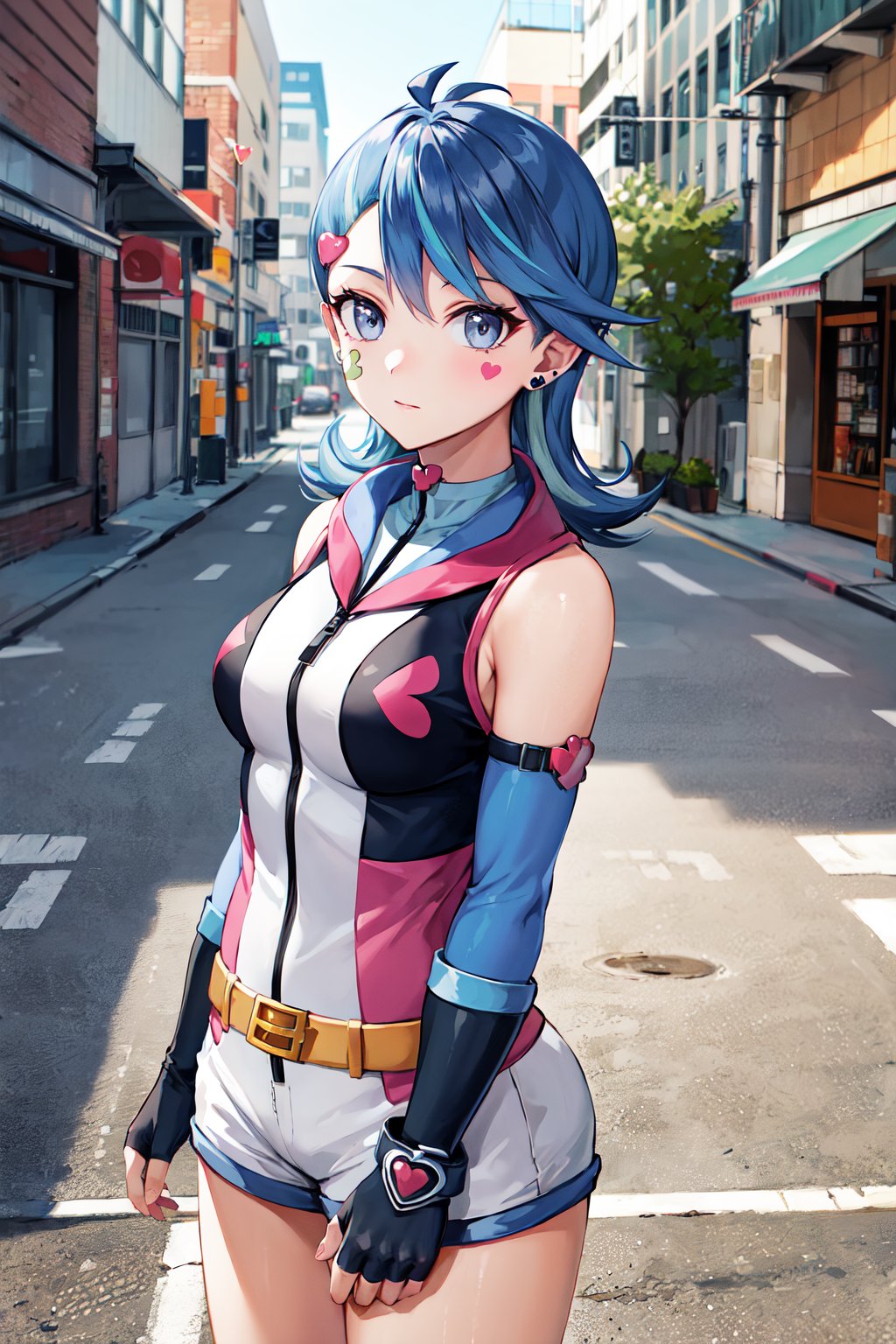 masterpiece, best quality, highres, hmbg, medium hair, multicolored hair, antenna hair, hair ornament, facial tattoo, heart earrings, sleeveless jacket, sleeveless, detached sleeves, fingerless gloves, belt, white shorts, <lora:blue_girl_v1:0.7>, outdoors, standing, cowboy shot, arms at sides, 