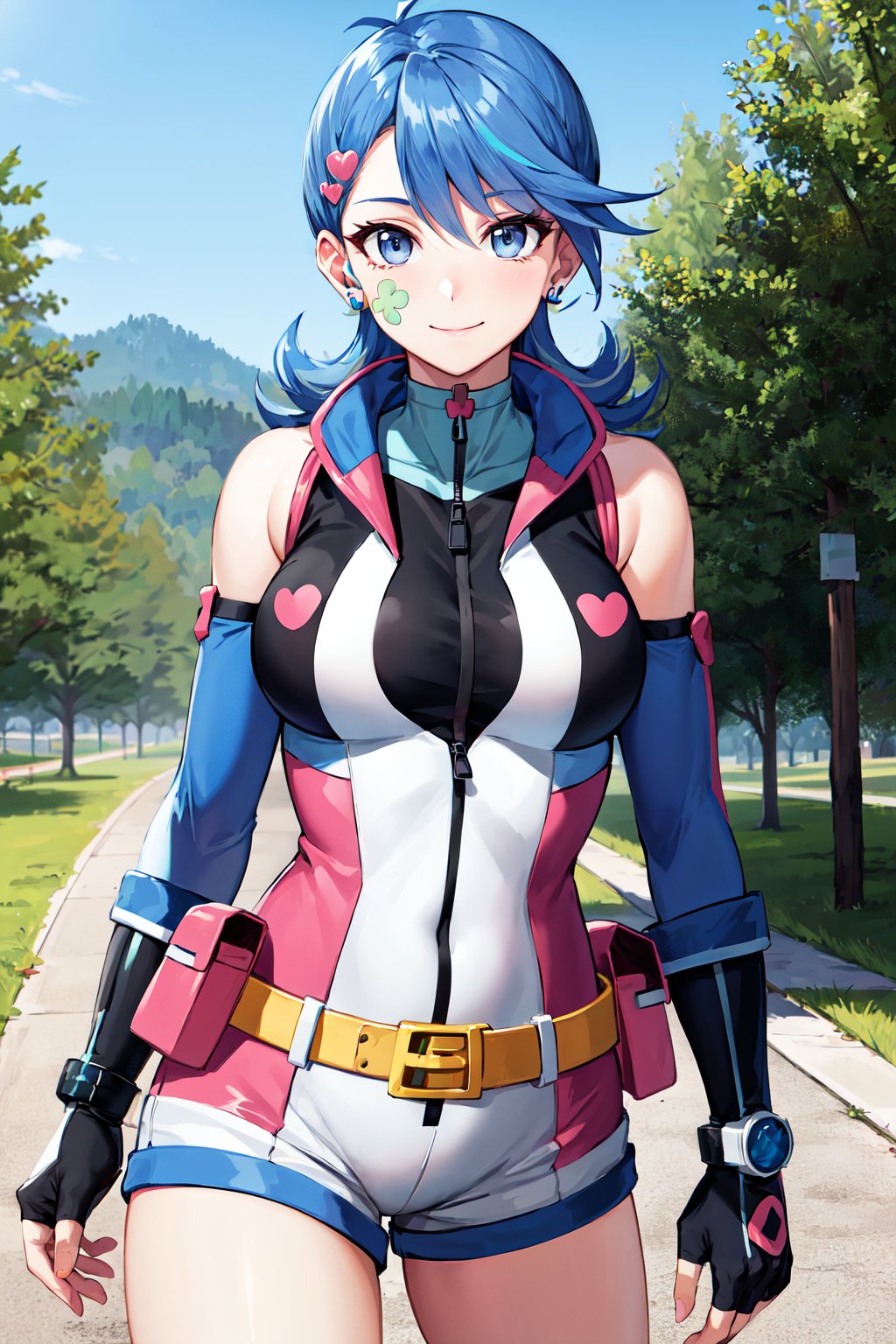 masterpiece, best quality, highres, hmbg, medium hair, multicolored hair, antenna hair, hair ornament, facial tattoo, heart earrings, sleeveless jacket, sleeveless, detached sleeves, fingerless gloves, belt, white shorts, <lora:blue_girl_v1:0.7>, standing, cowboy shot, outdoors, smile