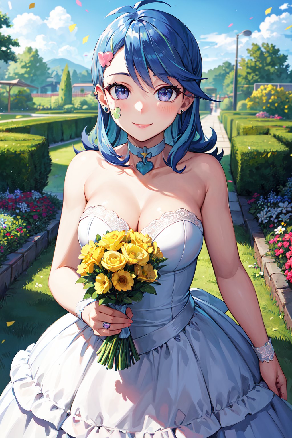 masterpiece, best quality, highres, hmbg, medium hair, multicolored hair, antenna hair, hair ornament, facial tattoo, heart earrings, <lora:blue_girl_v1:0.7>, wedding dress, strapless dress, garden, smile, confetti, holding bouquet, 