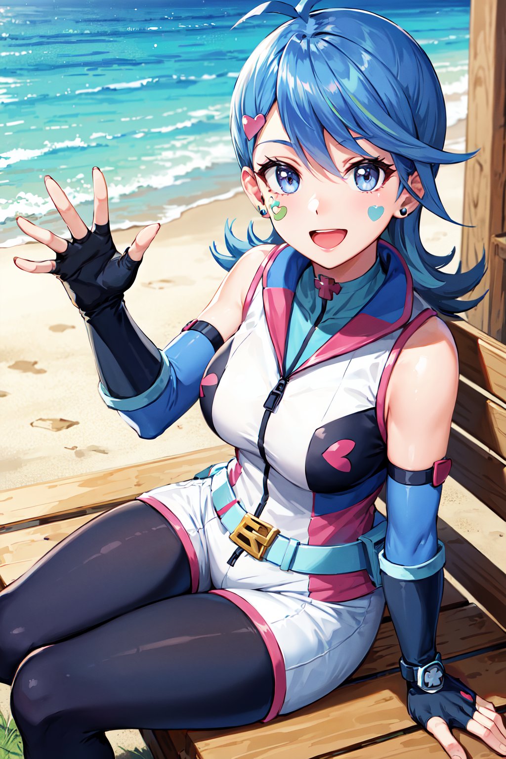 masterpiece, best quality, highres, hmbg, medium hair, multicolored hair, antenna hair, hair ornament, facial tattoo, heart earrings, sleeveless jacket, sleeveless, detached sleeves, fingerless gloves, belt, white shorts, <lora:blue_girl_v1:0.7>, sitting, bench, outdoors, waving, smile, open mouth, 