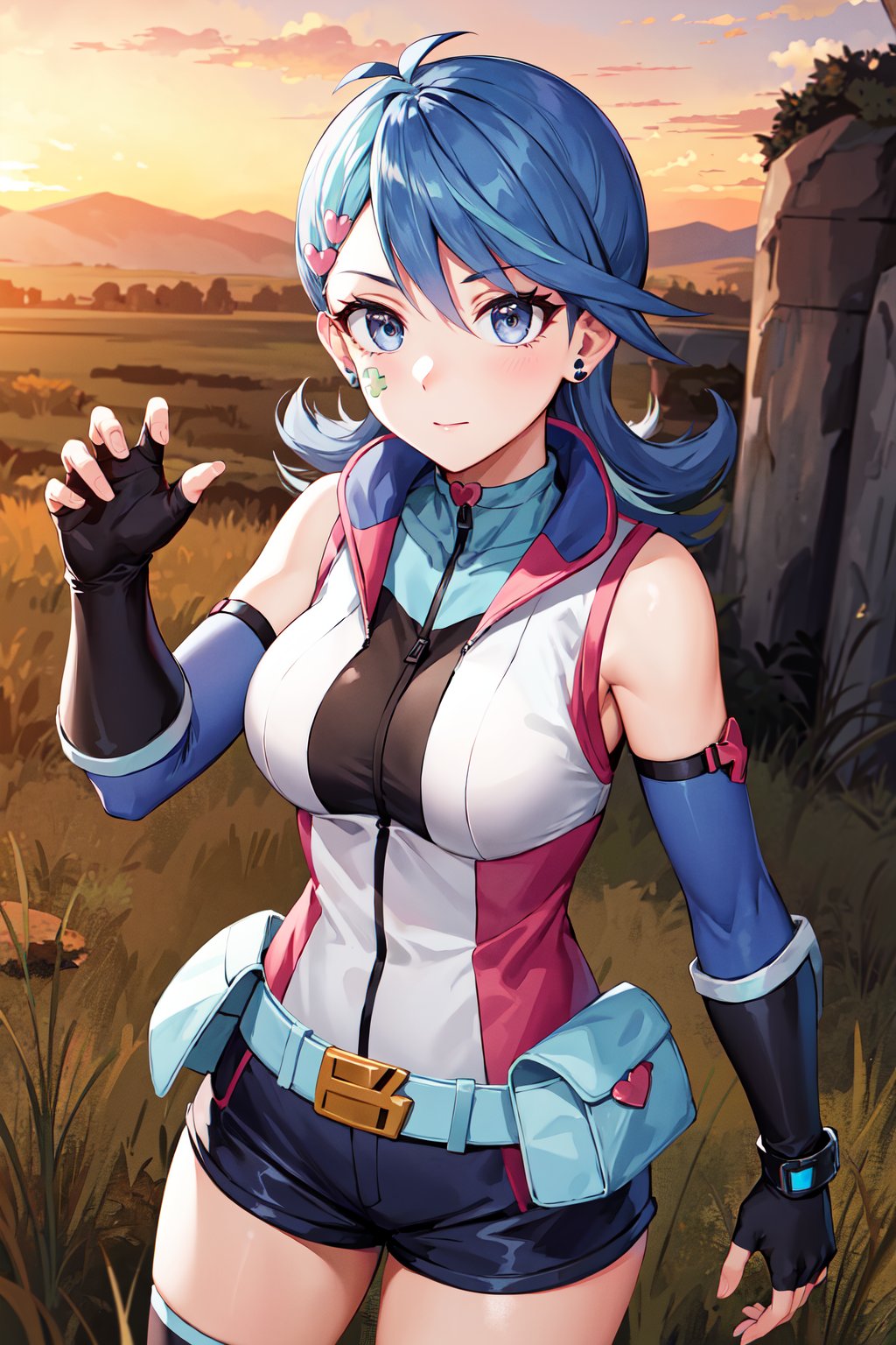 masterpiece, best quality, highres, hmbg, medium hair, multicolored hair, antenna hair, hair ornament, facial tattoo, heart earrings, sleeveless jacket, sleeveless, detached sleeves, fingerless gloves, belt, white shorts, <lora:blue_girl_v1:0.7>, field, standing, cowboy shot, sunset,