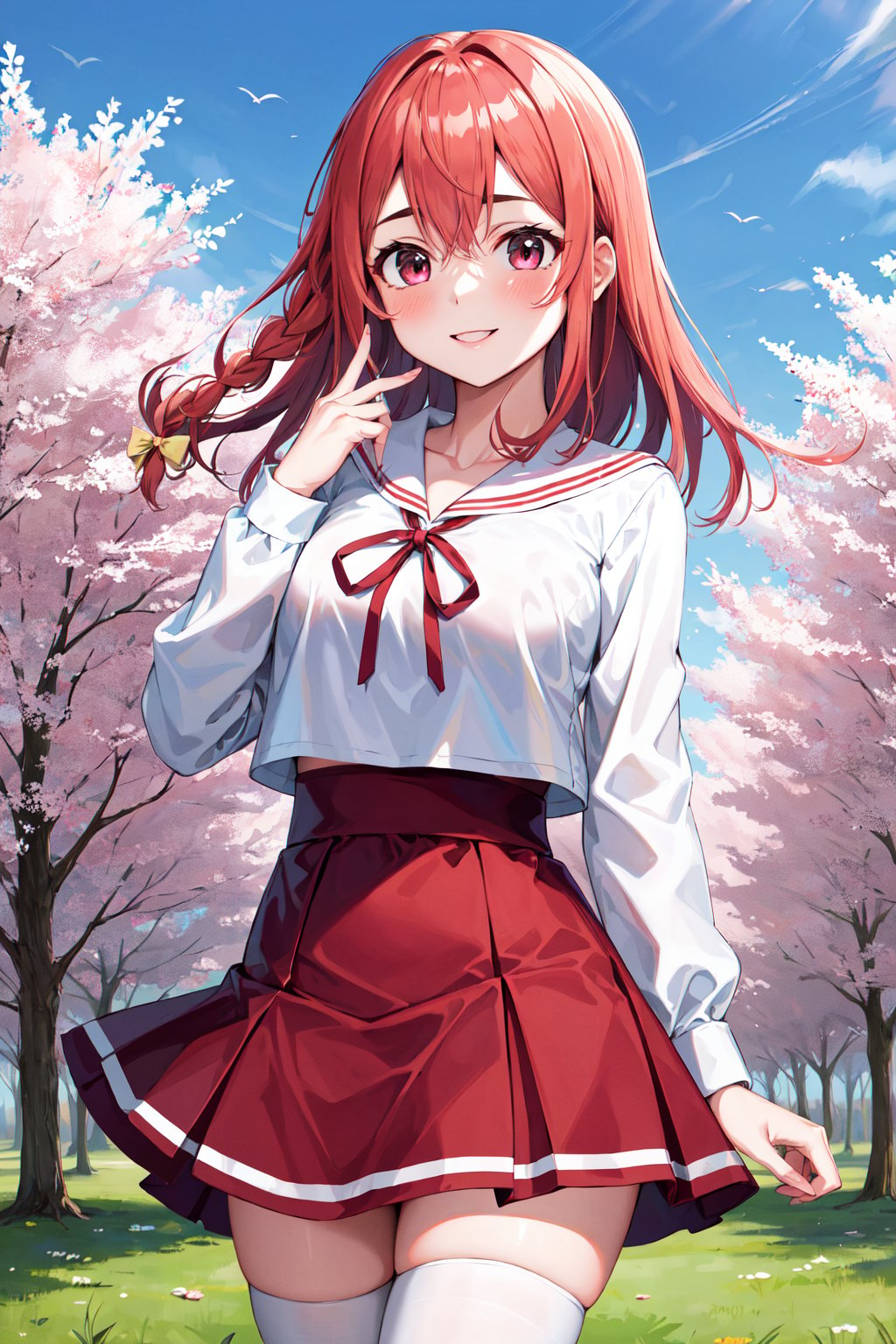 masterpiece, best quality, highres, aasumi, long hair, single braid, hair bow, serafuku, sailor collar, neck ribbon, red ribbon, white shirt, long sleeves, red skirt, pleated skirt, white thighhighs, <lora:sakurasawa_sumi_v1:0.7>, standing, cowboy shot, smile, outdoors,