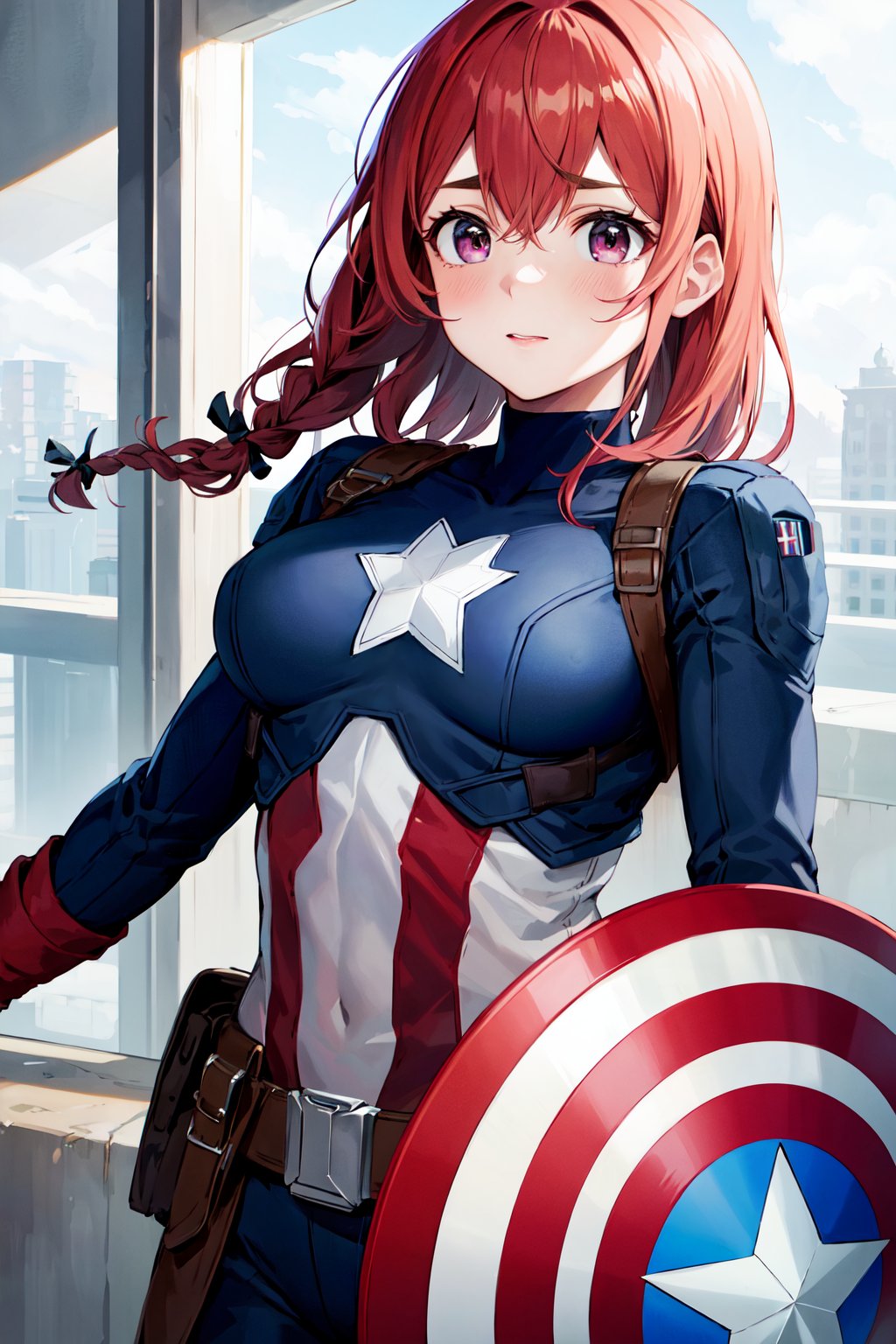 masterpiece, best quality, highres, aasumi, long hair, single braid, hair bow, <lora:sakurasawa_sumi_v1:0.7>, captain america,