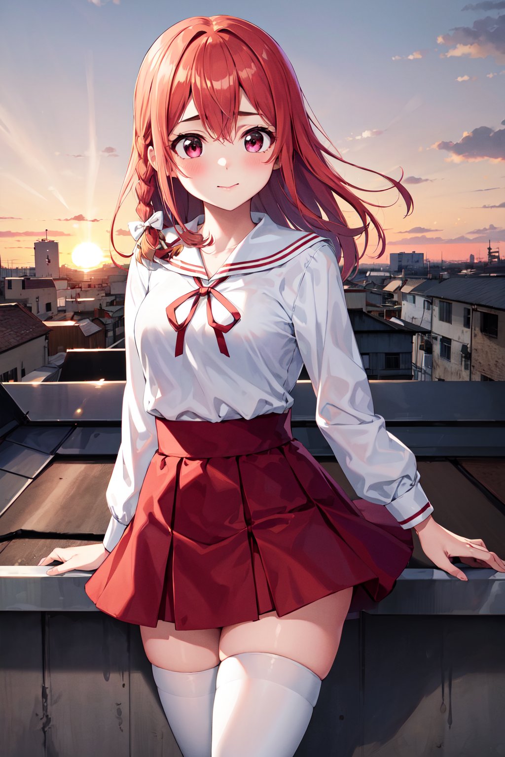 masterpiece, best quality, highres, aasumi, long hair, single braid, hair bow, serafuku, sailor collar, neck ribbon, red ribbon, white shirt, long sleeves, red skirt, pleated skirt, white thighhighs, <lora:sakurasawa_sumi_v1:0.7>, sunset, rooftop, standing,