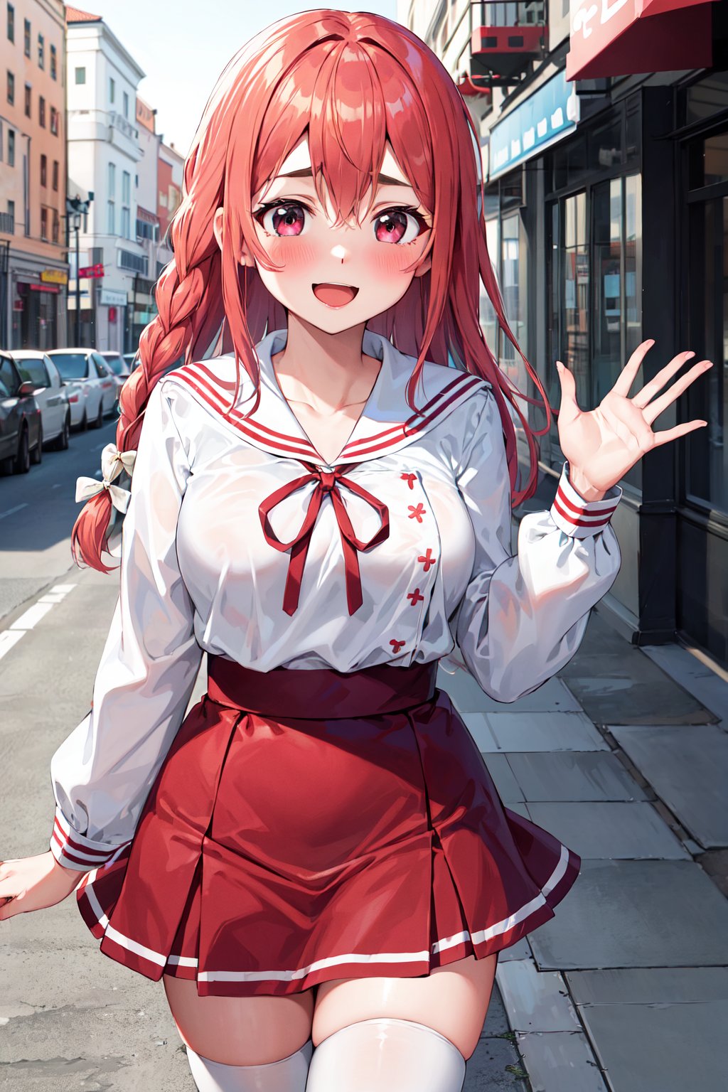 masterpiece, best quality, highres, aasumi, long hair, single braid, hair bow, serafuku, sailor collar, neck ribbon, red ribbon, white shirt, long sleeves, red skirt, pleated skirt, white thighhighs, <lora:sakurasawa_sumi_v1:0.7>, waving, embarrassed, blush, open mouth, smile, standing, street