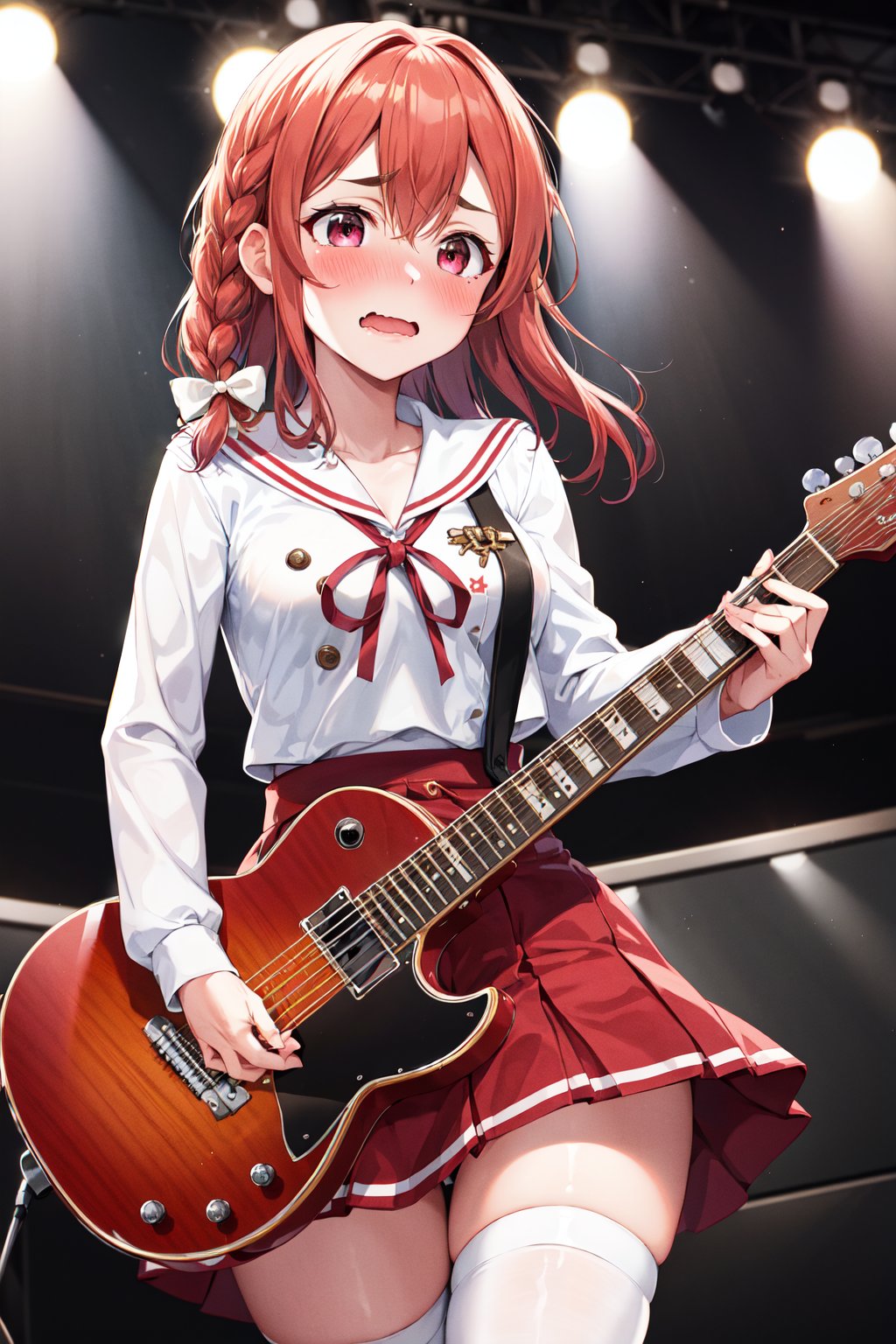 masterpiece, best quality, highres, aasumi, long hair, single braid, hair bow, serafuku, sailor collar, neck ribbon, red ribbon, white shirt, long sleeves, red skirt, pleated skirt, white thighhighs, <lora:sakurasawa_sumi_v1:0.7>, wavy mouth, guitar, embarrassed, stage, standing, (blush:1.2), holding instrument, 