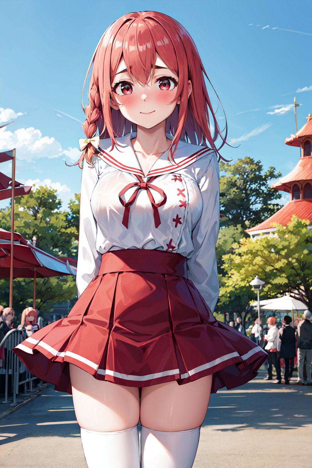 masterpiece, best quality, highres, aasumi, long hair, single braid, hair bow, serafuku, sailor collar, neck ribbon, red ribbon, white shirt, long sleeves, red skirt, pleated skirt, white thighhighs, <lora:sakurasawa_sumi_v1:0.7>, amusement park, standing, smile, embarrassed, blush, arms behind back, 