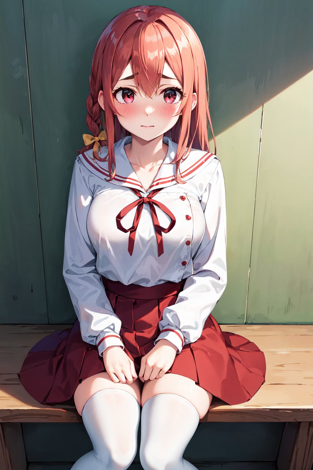 masterpiece, best quality, highres, aasumi, long hair, single braid, hair bow, serafuku, sailor collar, neck ribbon, red ribbon, white shirt, long sleeves, red skirt, pleated skirt, white thighhighs, <lora:sakurasawa_sumi_v1:0.7>, standing, sitting, embarrassed, blush, hand between legs, 