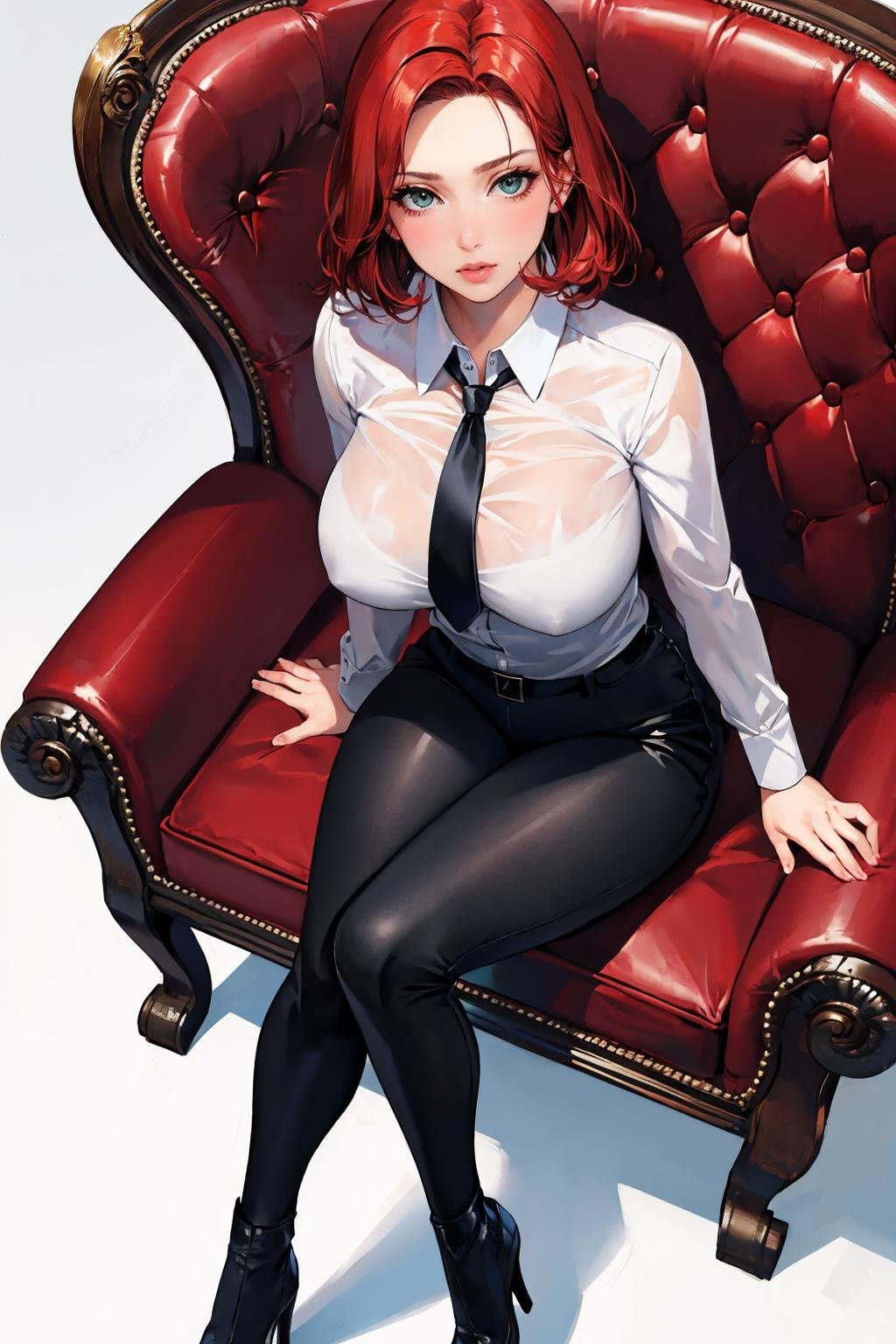 masterpiece, best quality,  <lora:blackwidow-nvwls-v1-000009:0.9> blkwidow, black necktie, white shirt, collared shirt, black pants, large breasts, sitting, from above, chair, mansion, white background, nigh heels