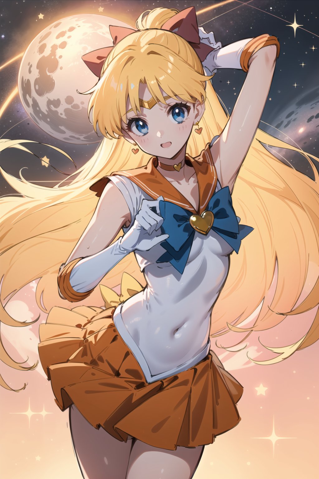 (masterpiece,  best quality),  ultra detailed,  1girl, sailor venus,  aino minako,  long hair,  red bow,  hair bow,  blonde hair,  tiara,  blue eyes,  very long hair,  skirt,  bow,  sailor senshi uniform,  gloves,  choker,  orange choker,  jewelry,  orange skirt,  sailor collar,  elbow gloves,  white gloves,  back bow,  pleated skirt,  blue bow,  earrings,  orange sailor collar,  brooch,  heart brooch,  miniskirt,  covered navel,  star choker,  dynamic view,  heart,  heart symbol,  space,  outer space, <lora:EMS-79871-EMS:0.600000>