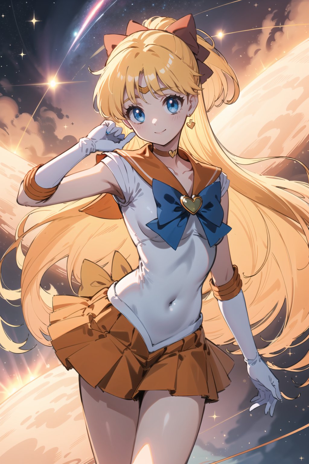 (masterpiece,  best quality),  ultra detailed,  1girl, sailor venus,  aino minako,  long hair,  red bow,  hair bow,  blonde hair,  tiara,  blue eyes,  very long hair,  skirt,  bow,  sailor senshi uniform,  gloves,  choker,  orange choker,  jewelry,  orange skirt,  sailor collar,  elbow gloves,  white gloves,  back bow,  pleated skirt,  blue bow,  earrings,  orange sailor collar,  brooch,  heart brooch,  miniskirt,  covered navel,  star choker,  dynamic view,  heart,  heart symbol,  space,  outer space, <lora:EMS-79871-EMS:0.600000>