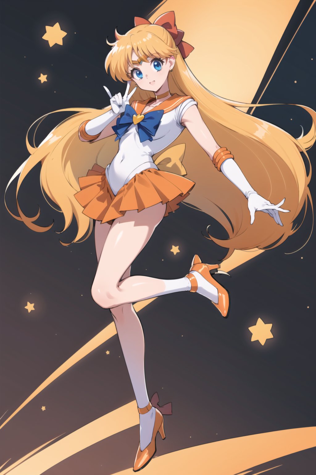 (masterpiece,  best quality),  ultra detailed,  1girl,  , sailor venus,  aino minako,  long hair,  red bow,  hair bow,  blonde hair,  tiara,  blue eyes,  very long hair,  skirt,  bow,  sailor senshi uniform,  strappy heels,  gloves,  choker,  orange choker,  jewelry,  orange footwear,  orange skirt,  sailor collar,  elbow gloves,  white gloves,  high heels,  back bow,  pleated skirt,  blue bow,  earrings,  orange sailor collar,  brooch,  heart brooch,  miniskirt,  covered navel,  star choker,  dynamic view, aino minako, <lora:EMS-79871-EMS:0.600000>