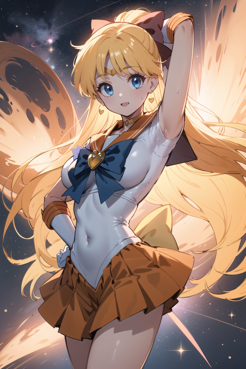 (masterpiece,  best quality),  ultra detailed,  1girl, sailor venus,  aino minako,  long hair,  red bow,  hair bow,  blonde hair,  tiara,  blue eyes,  very long hair,  skirt,  bow,  sailor senshi uniform,  gloves,  choker,  orange choker,  jewelry,  orange skirt,  sailor collar,  elbow gloves,  white gloves,  back bow,  pleated skirt,  blue bow,  earrings,  orange sailor collar,  brooch,  heart brooch,  miniskirt,  covered navel,  star choker,  dynamic view,  heart,  heart symbol,  space,  outer space, <lora:EMS-79871-EMS:0.600000>