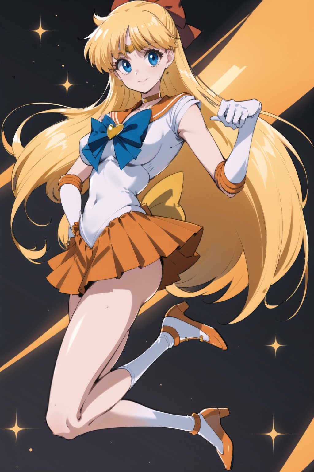 (masterpiece,  best quality),  ultra detailed,  1girl,  , sailor venus,  aino minako,  long hair,  red bow,  hair bow,  blonde hair,  tiara,  blue eyes,  very long hair,  skirt,  bow,  sailor senshi uniform,  strappy heels,  gloves,  choker,  orange choker,  jewelry,  orange footwear,  orange skirt,  sailor collar,  elbow gloves,  white gloves,  high heels,  back bow,  pleated skirt,  blue bow,  earrings,  orange sailor collar,  brooch,  heart brooch,  miniskirt,  covered navel,  star choker, <lora:EMS-79871-EMS:0.800000>