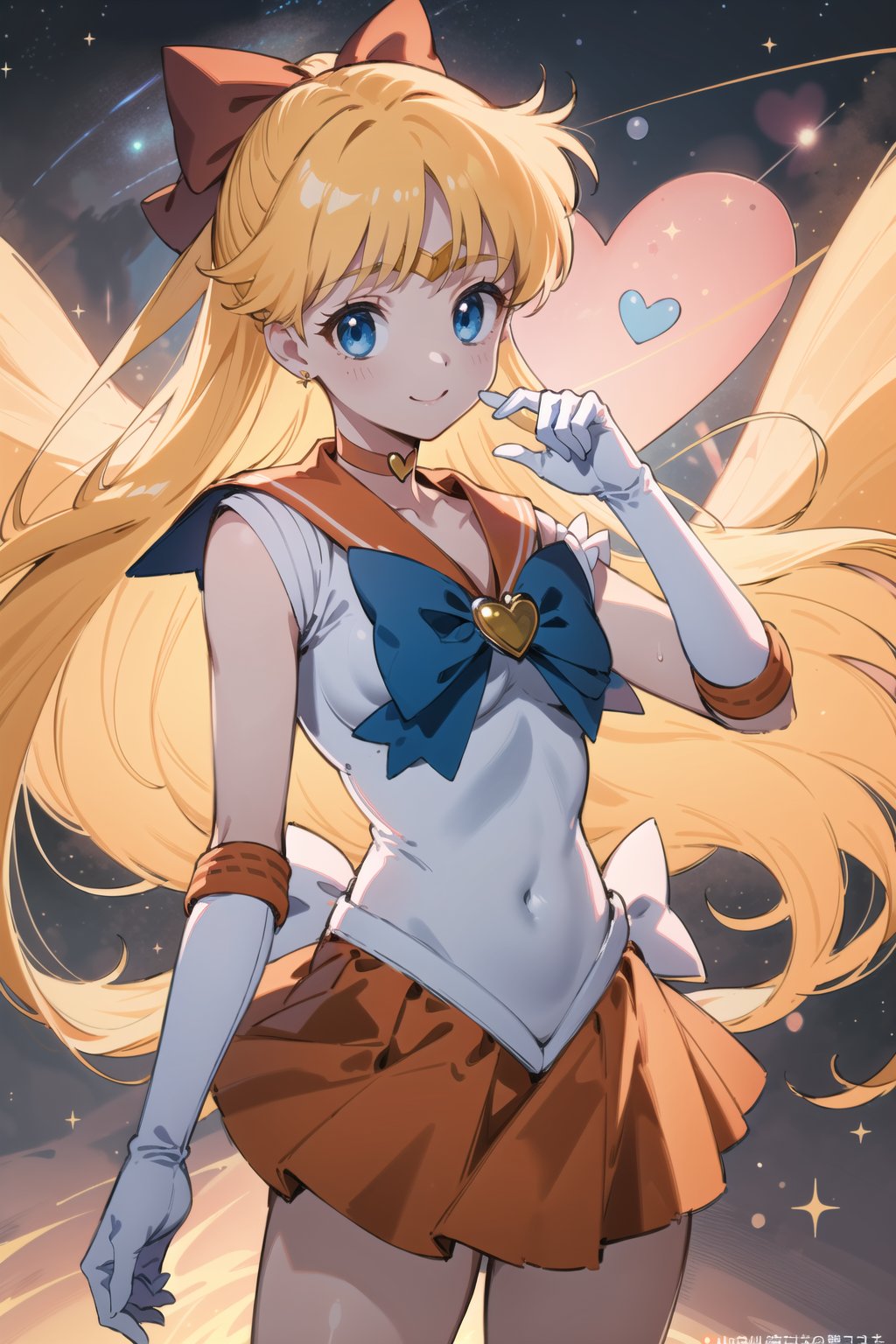 (masterpiece,  best quality),  ultra detailed,  1girl, sailor venus,  aino minako,  long hair,  red bow,  hair bow,  blonde hair,  tiara,  blue eyes,  very long hair,  skirt,  bow,  sailor senshi uniform,  gloves,  choker,  orange choker,  jewelry,  orange skirt,  sailor collar,  elbow gloves,  white gloves,  back bow,  pleated skirt,  blue bow,  earrings,  orange sailor collar,  brooch,  heart brooch,  miniskirt,  covered navel,  star choker,  dynamic view,  heart,  heart symbol,  space,  outer space, <lora:EMS-79871-EMS:0.600000>