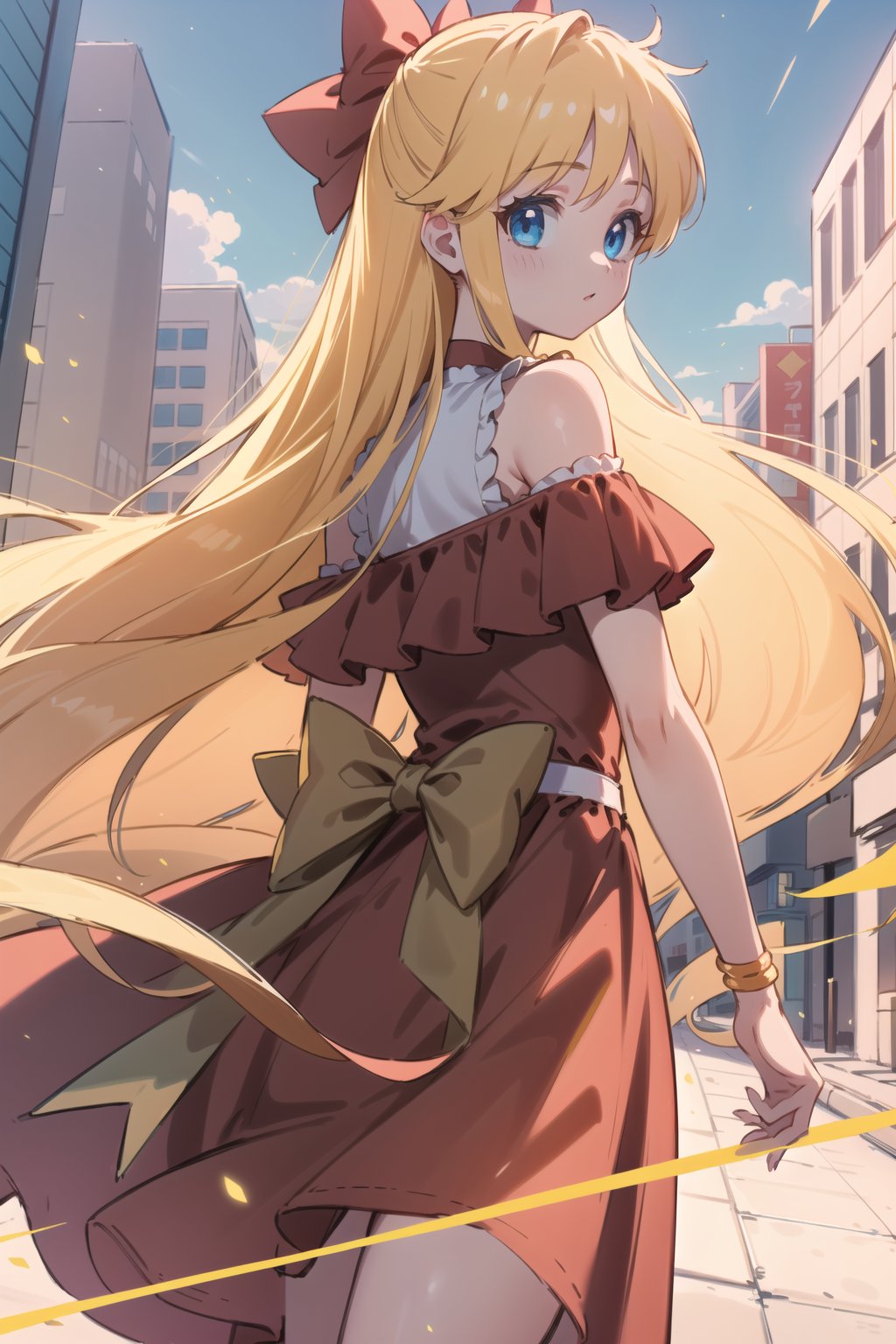 (masterpiece,  best quality),  ultra detailed,  1girl, aino minako,  long hair,  red bow,  hair bow,  blonde hair,  blue eyes,  very long hair,  red dress,  short dress,  off-shoulder,  dynamic view,  city,  street, frills, <lora:EMS-79871-EMS:0.600000>