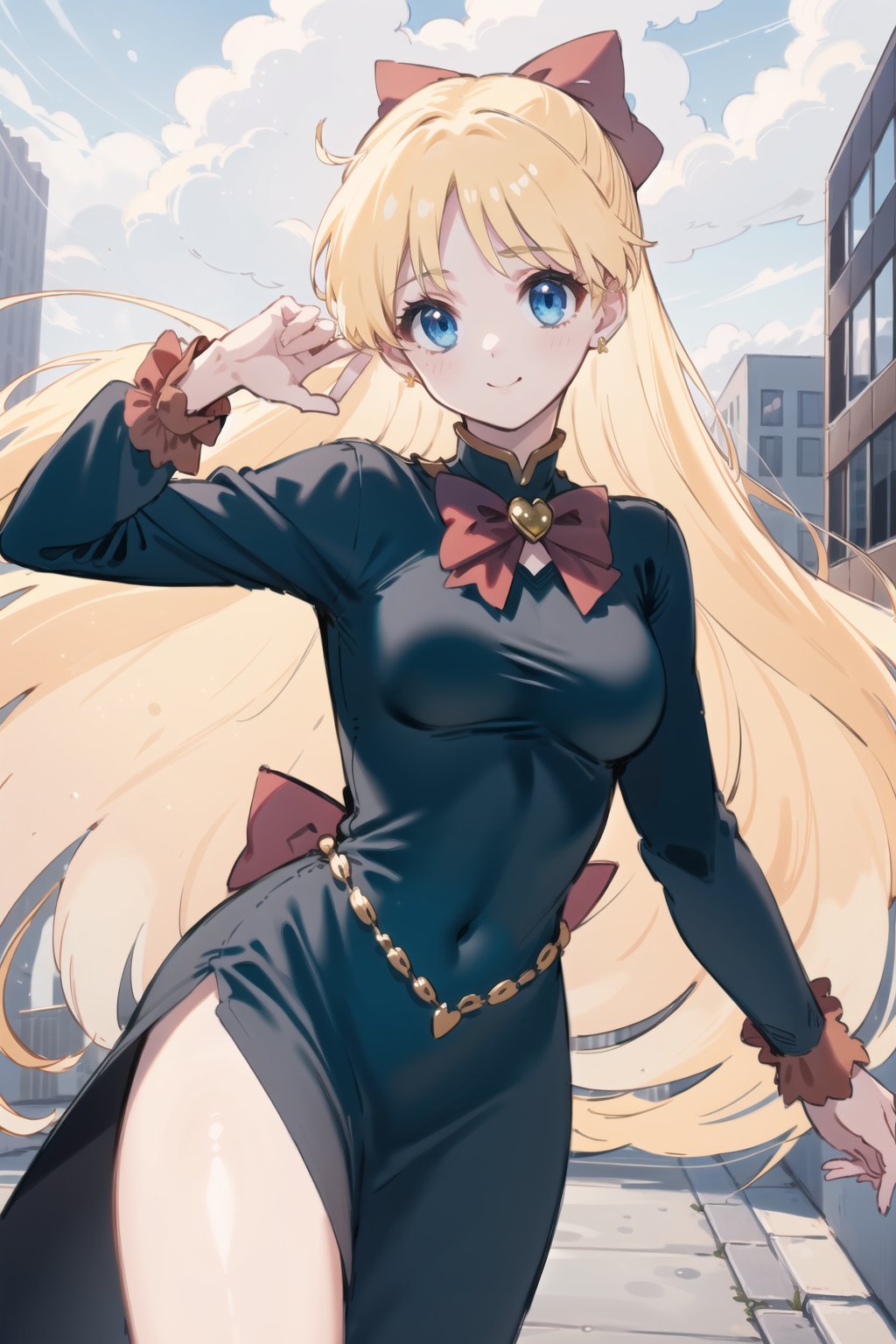 (masterpiece,  best quality),  ultra detailed,  1girl, aino minako,  long hair,  red bow,  hair bow,  blonde hair,  blue eyes,  very long hair,  dark blue dress,  long sleeves,  dynamic view,  city,  street, edgSDress, <lora:EMS-79871-EMS:0.600000>, , <lora:EMS-20337-EMS:0.800000>