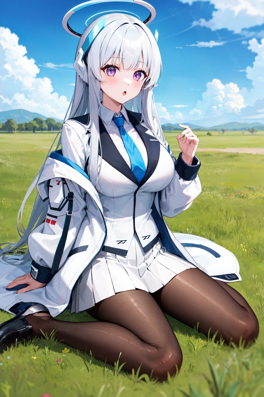 masterpiece, best quality, highres, aanoa, long hair, headgear, mechanical halo, large breasts, blue necktie, white shirt, off shoulder, white jacket, open jacket, long sleeves, white skirt, pleated skirt, black pantyhose, <lora:ushio_noa_v1:0.7>, :o, wariza, grass, field,