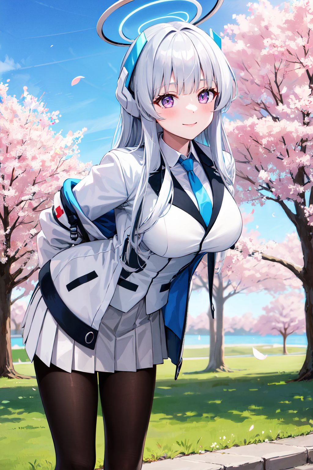 masterpiece, best quality, highres, aanoa, long hair, headgear, mechanical halo, large breasts, blue necktie, white shirt, off shoulder, white jacket, open jacket, long sleeves, white skirt, pleated skirt, black pantyhose, <lora:ushio_noa_v1:0.7>, standing, smile, arms behind back, leaning forward, cherry blossoms, outdoors