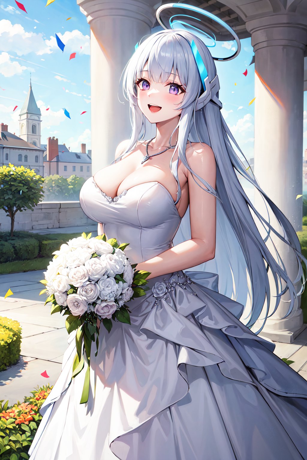 masterpiece, best quality, highres, aanoa, long hair, headgear, mechanical halo, large breasts, <lora:ushio_noa_v1:0.7>, wedding dress, cleavage, necklace, white dress, garden, standing, holding bouquet, open mouth, smile, confetti, 