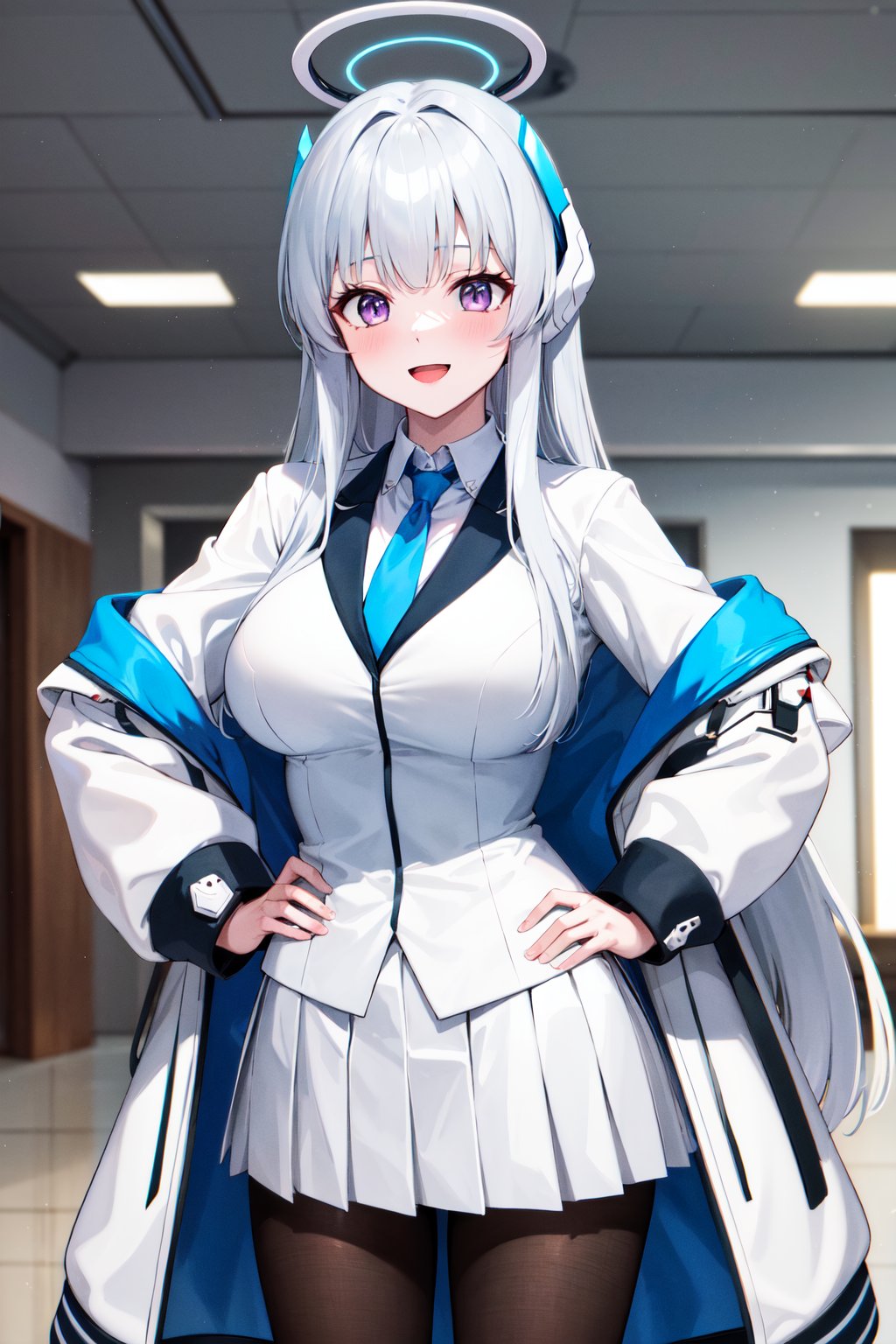 masterpiece, best quality, highres, aanoa, long hair, headgear, mechanical halo, large breasts, blue necktie, white shirt, off shoulder, white jacket, open jacket, long sleeves, white skirt, pleated skirt, black pantyhose, <lora:ushio_noa_v1:0.7>, hand on hip, smile, open mouth, indoors