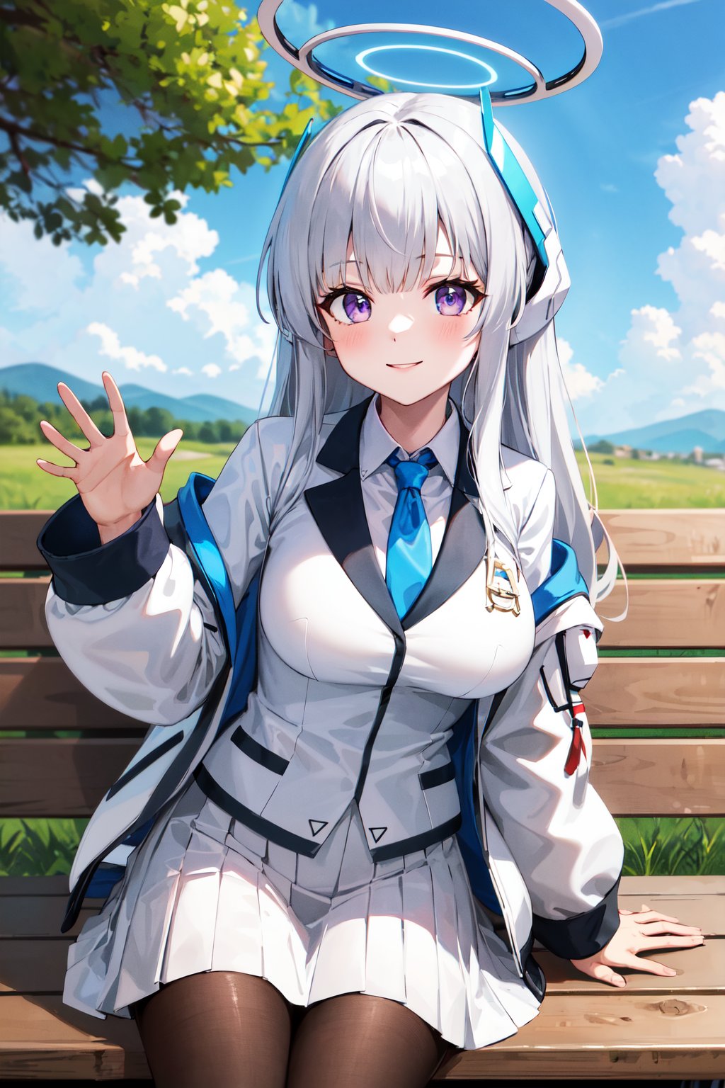 masterpiece, best quality, highres, aanoa, long hair, headgear, mechanical halo, large breasts, blue necktie, white shirt, off shoulder, white jacket, open jacket, long sleeves, white skirt, pleated skirt, black pantyhose, <lora:ushio_noa_v1:0.7>, waving, smile, sitting, bench, outdoors