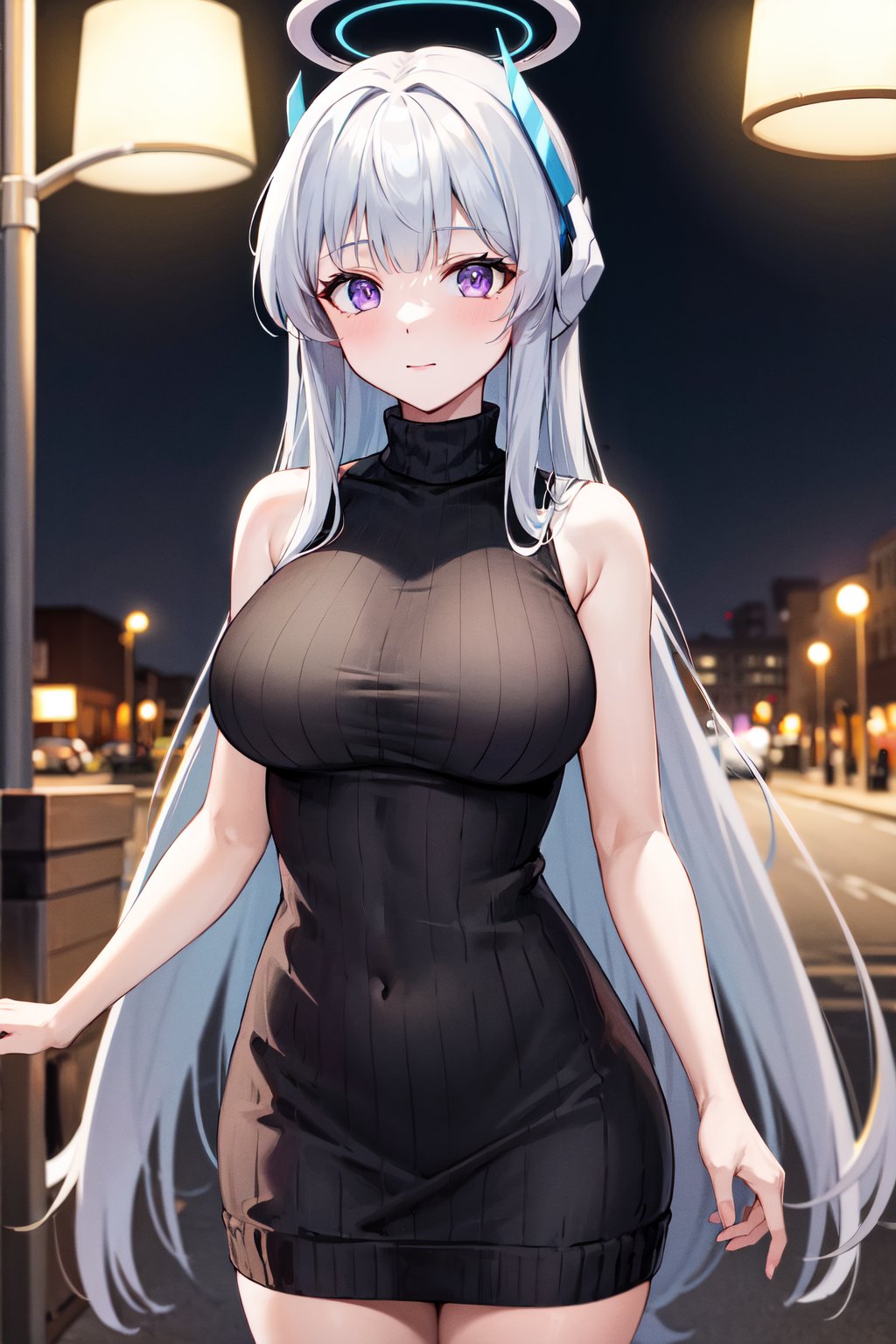 masterpiece, best quality, highres, aanoa, long hair, headgear, mechanical halo, large breasts, <lora:ushio_noa_v1:0.7>, sweater dress, turtleneck, sleeveless, night, street, standing