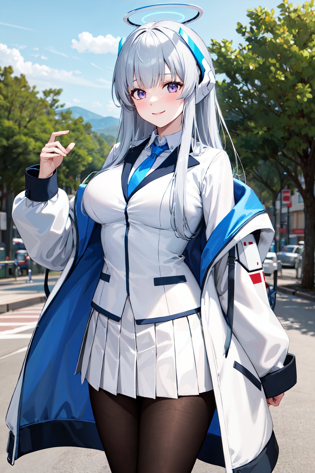 masterpiece, best quality, highres, aanoa, long hair, headgear, mechanical halo, large breasts, blue necktie, white shirt, off shoulder, white jacket, open jacket, long sleeves, white skirt, pleated skirt, black pantyhose, <lora:ushio_noa_v1:0.7> standing, cowboy shot, outdoors, smile