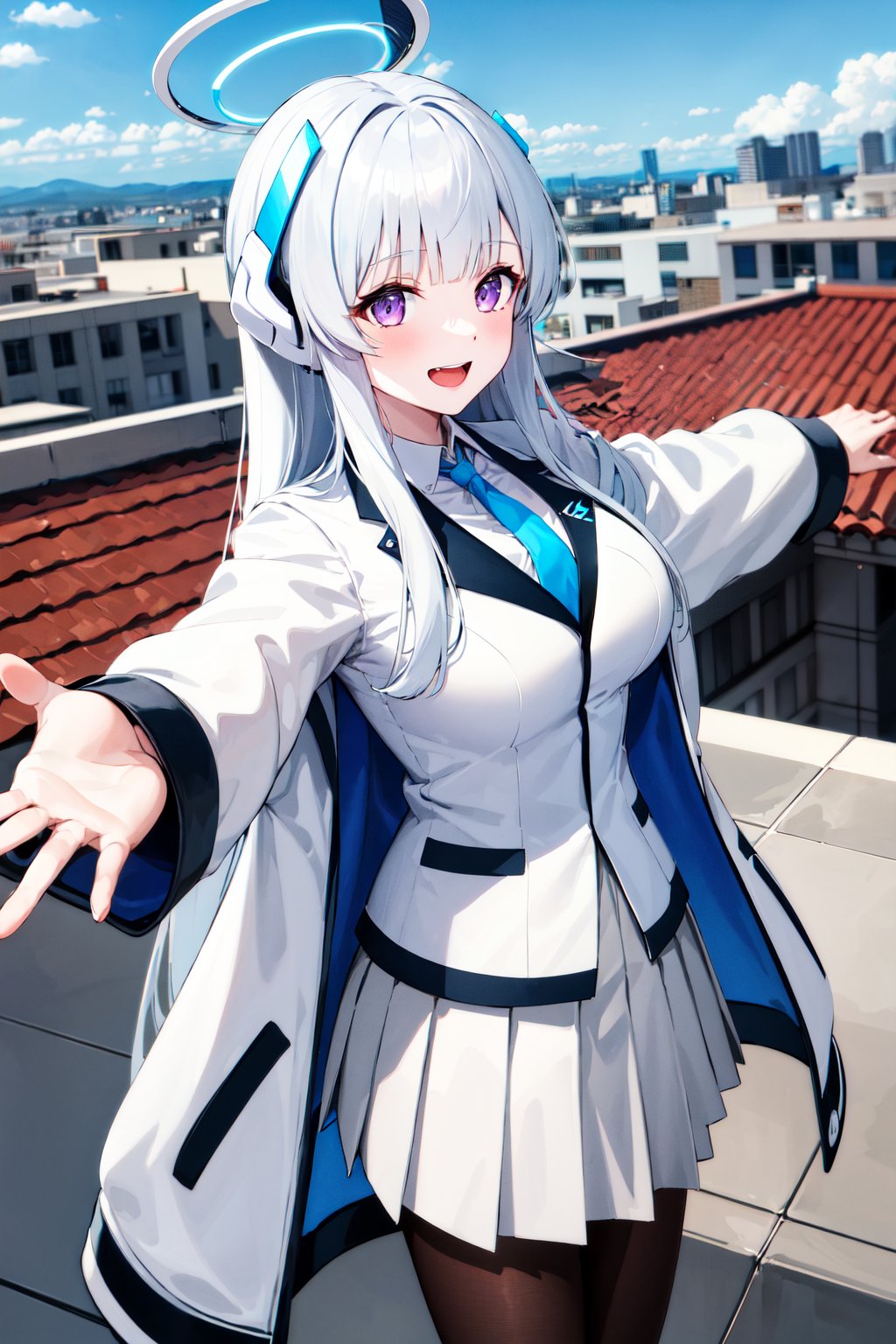 masterpiece, best quality, highres, aanoa, long hair, headgear, mechanical halo, large breasts, blue necktie, white shirt, off shoulder, white jacket, open jacket, long sleeves, white skirt, pleated skirt, black pantyhose, <lora:ushio_noa_v1:0.7>, outstretched arms, smile, open mouth, rooftop, city, blue sky, standing