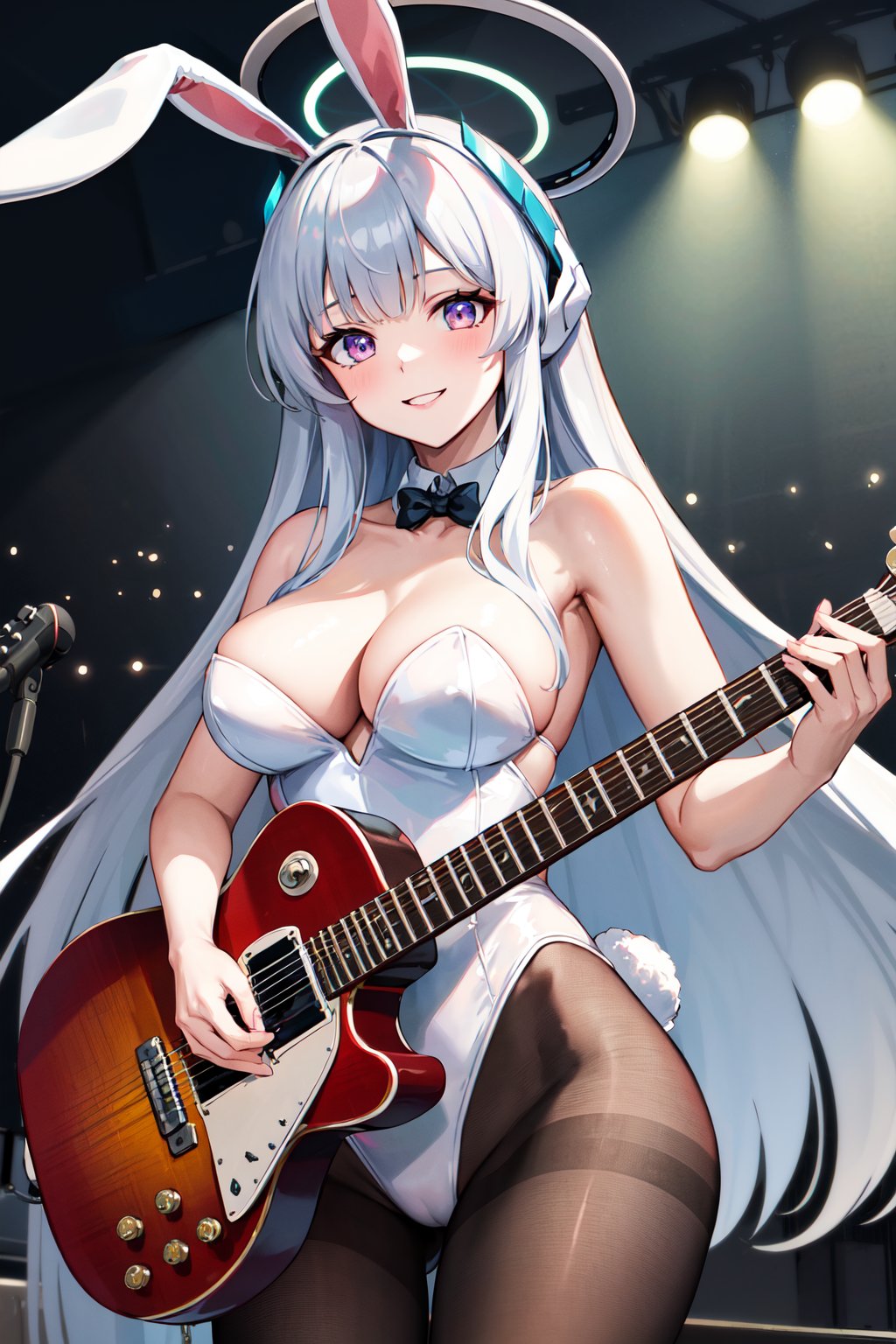 masterpiece, best quality, highres, aanoa, long hair, headgear, mechanical halo, rabbit ears, large breasts, detached collar, cleavage, playboy bunny, strapless leotard, white leotard, black pantyhose, <lora:ushio_noa_v1:0.7>, guitar, stage, holding instrument, stage, smile,