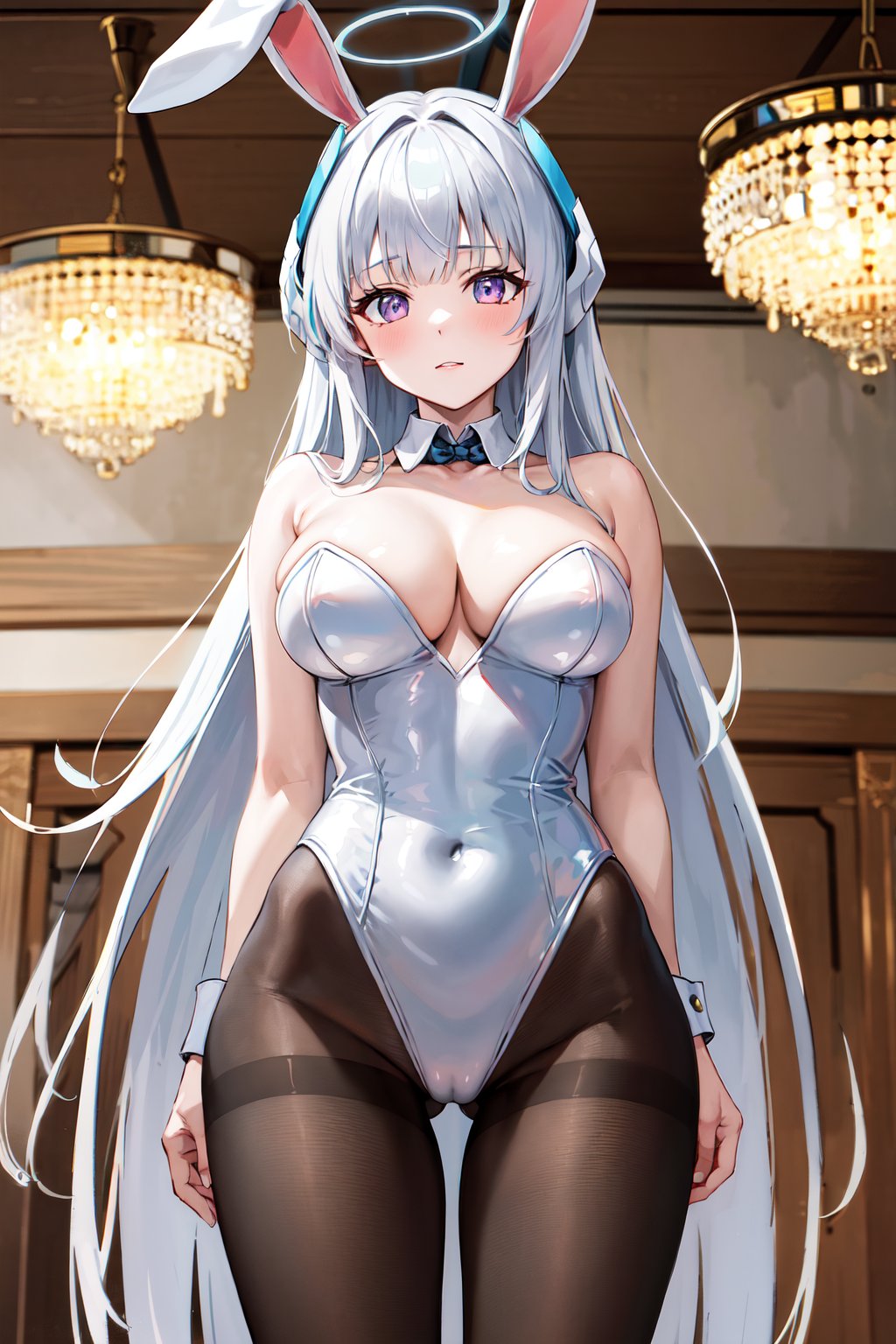 masterpiece, best quality, highres, aanoa, long hair, headgear, mechanical halo, rabbit ears, large breasts, detached collar, cleavage, playboy bunny, strapless leotard, white leotard, black pantyhose, <lora:ushio_noa_v1:0.7>, standing, cowboy shot, indoors, chandelier, arms at sides, 