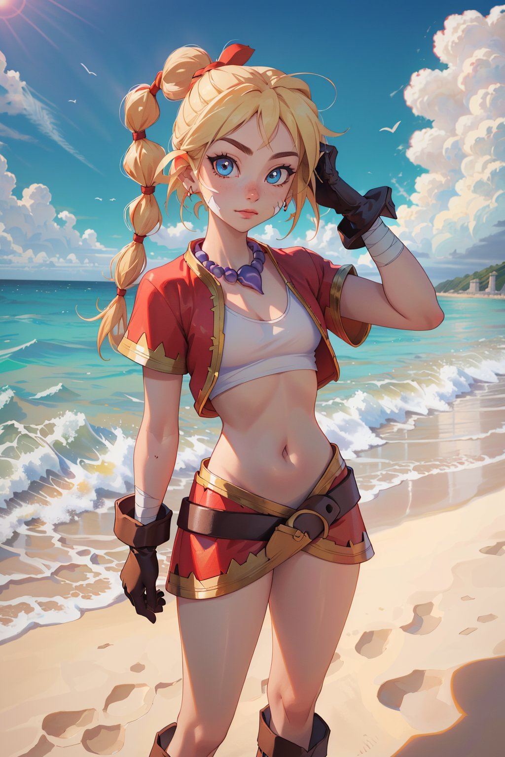 1girl,  cowboy shot, blonde hair, high ponytail, multi-tied hair, (big eyes), necklace,  jewelry, ((red crop top)),  navel,  gloves, (red skirt),  bandages,  boots, (standing on a beach, looking at viewer,  beach sand, ocean, clear water, blue sky, clouds), (masterpiece, best quality,  highres, absurdres, ultra-detailed:1.2), beautiful digital illustration, trending on artstation, kid_(chrono_cross)