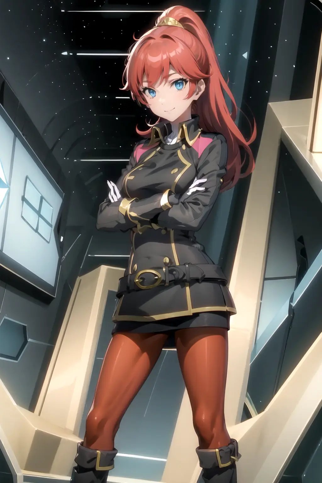 masterpiece, best quality, ultra-detailed, LMPL, 1girl, solo, gloves, looking at viewer, smile, pantyhose, belt, uniform, crossed arms, space, <lora:LMPL-000012:1>