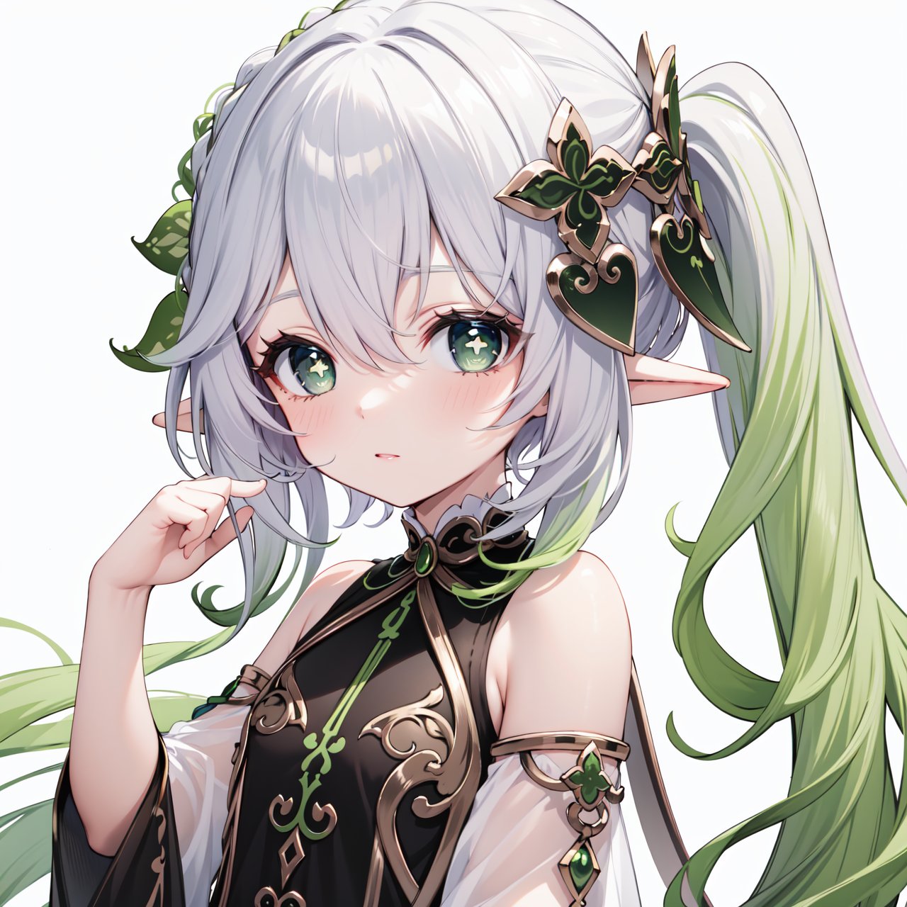 nahida,  dress,  head only,  closeup,  hair ornament,  cross-shaped pupils, <lora:EMS-79967-EMS:1.000000>