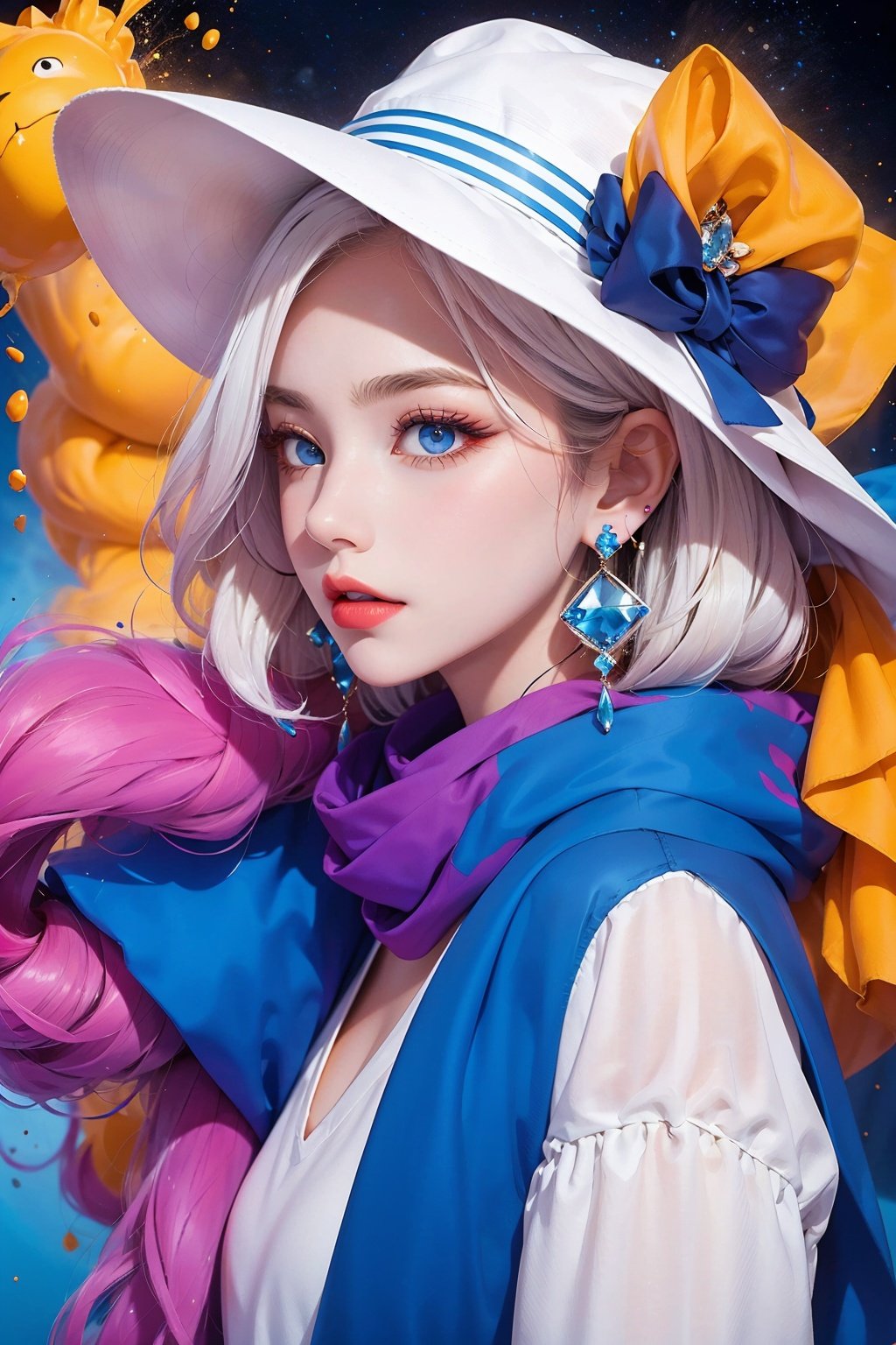  1girl, white colored hair,Colorful hat,colorful earrings, blue scarf, blue eyes,Earrings, gemstones,Starry sky, colorful splashes,