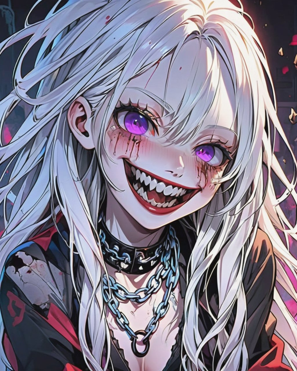 uWudemon, ,anime,someone bleeding out to death in an anime style of art,smiling, chains, long white hair, sitting, zombie,  8k, 4k, 4K, 16K,(((high quality))highly detailed, <lora:uwudemon:0.75>