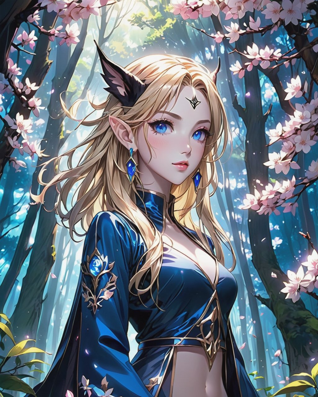 uWudemon, ,anime,(masterpiece) (highly detailed) (top quality) (cinematic shot) anime style, front view, goddess of dark forest, instagram able, 1girl with elf ears walking into the forest, reflections, depth of field, 3D illustration, professional work, long hair, blonde hair, centered shot from below, dark blue eyes, cherry blossom dark forest, sunlight background, calling us to folow her.<lora:uwudemon:0.75>